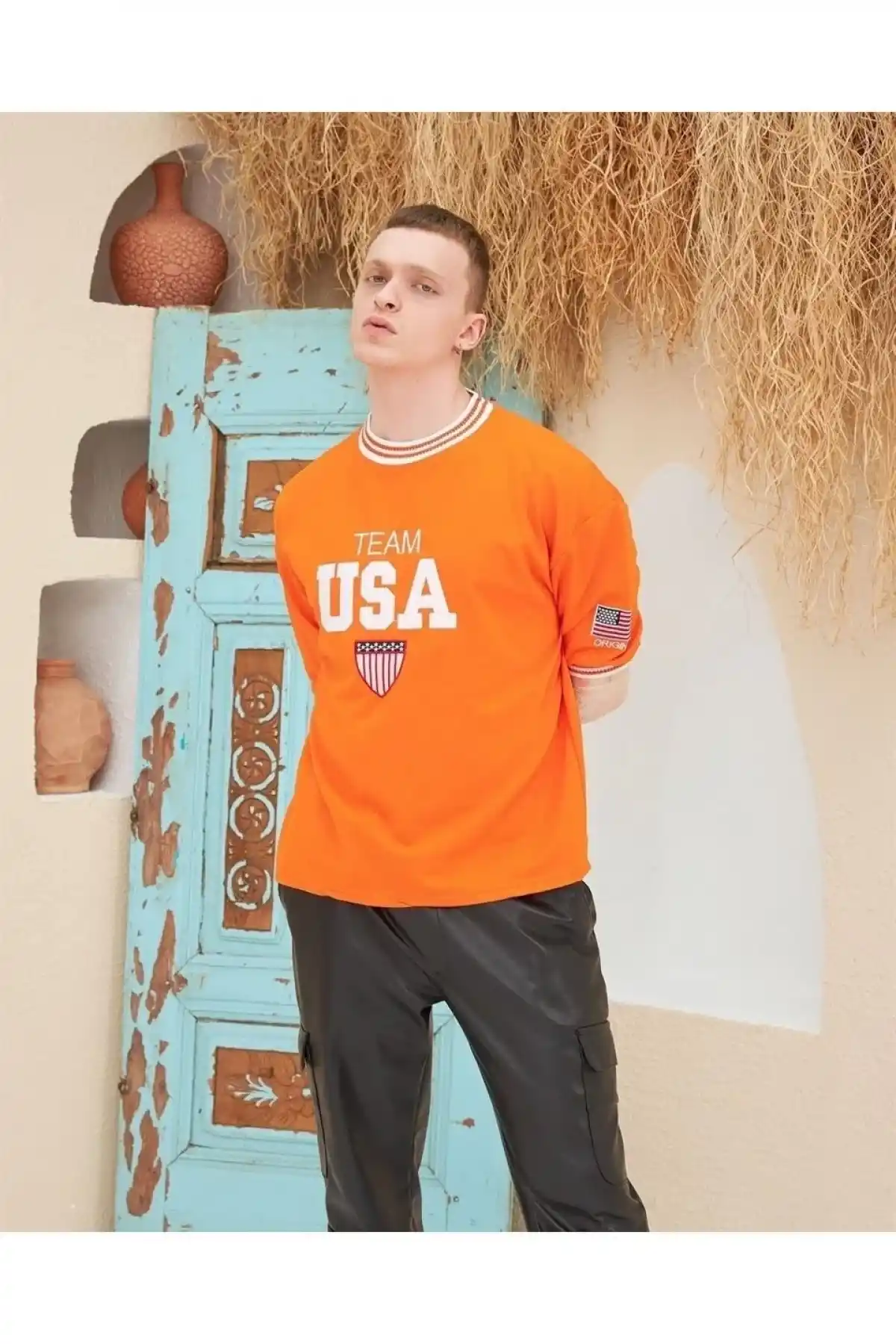 Erkek Nakış İşlemeli T-Shirt Kısa Kol Bisiklet Yaka Ovarsize  Tişört - Turuncu