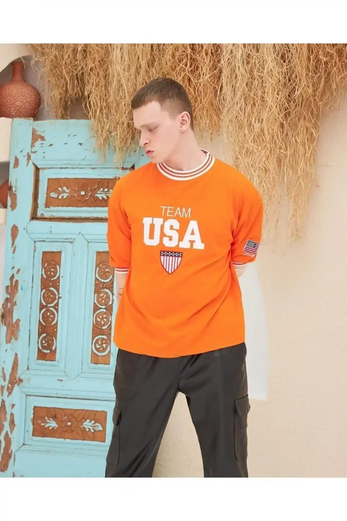 Erkek Nakış İşlemeli T-Shirt Kısa Kol Bisiklet Yaka Ovarsize  Tişört - Turuncu