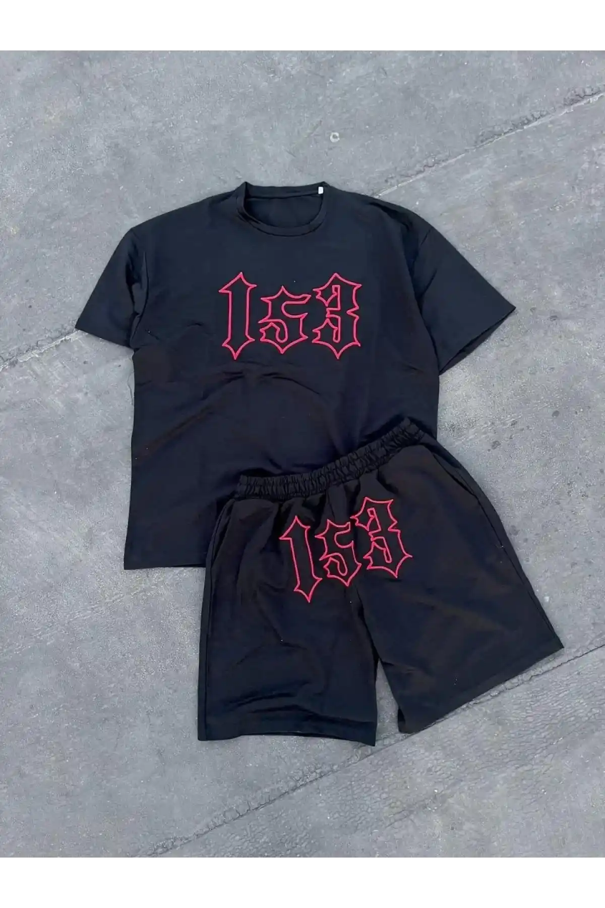 Erkek Nakış İşlemeli Şortlu Kısa kol Alt-Üst Takım - Siyah