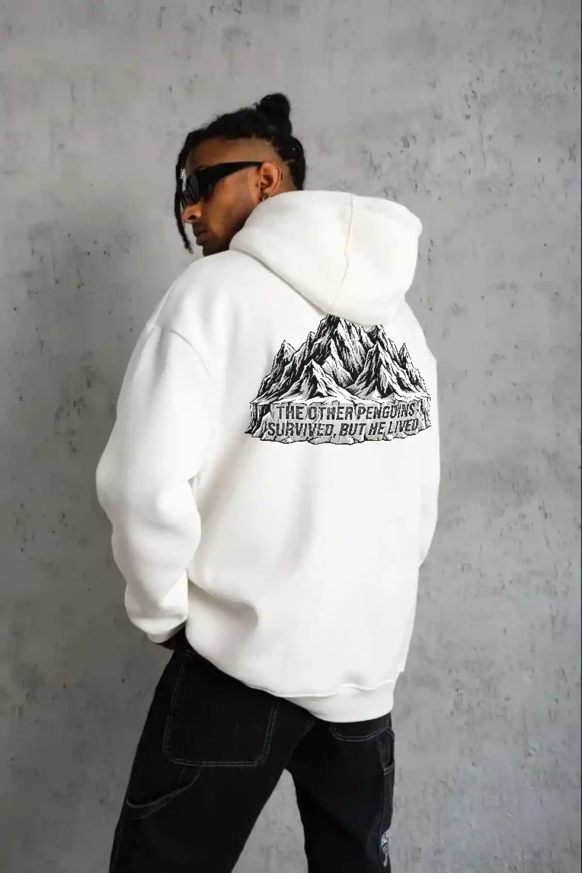 Erkek Nihilist Penguen Temalı Oversize Kapüşonlu Sweatshirt - Beyaz