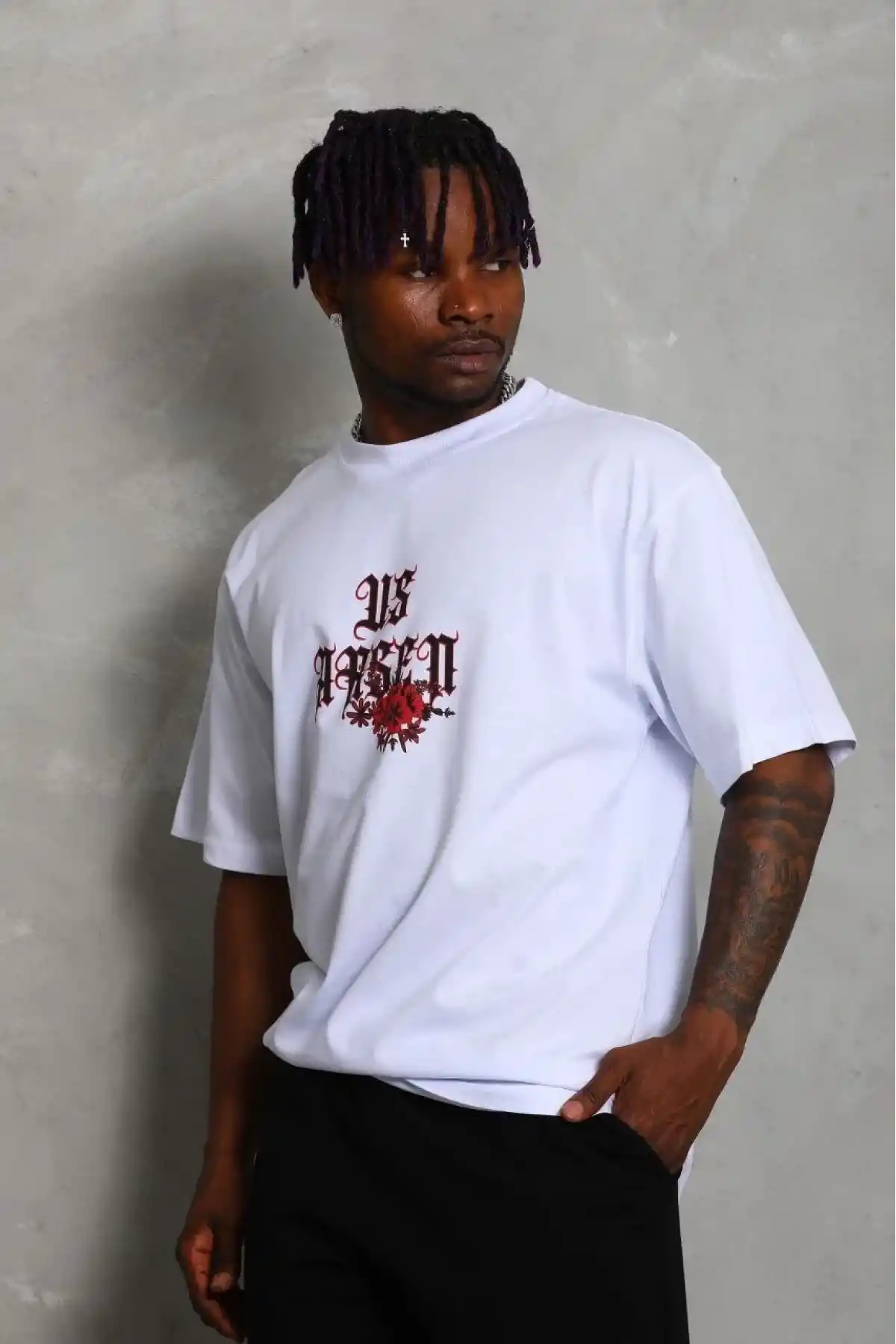 Erkek Oversize Baskılı Bisiklet Yaka T-Shirt - Beyaz