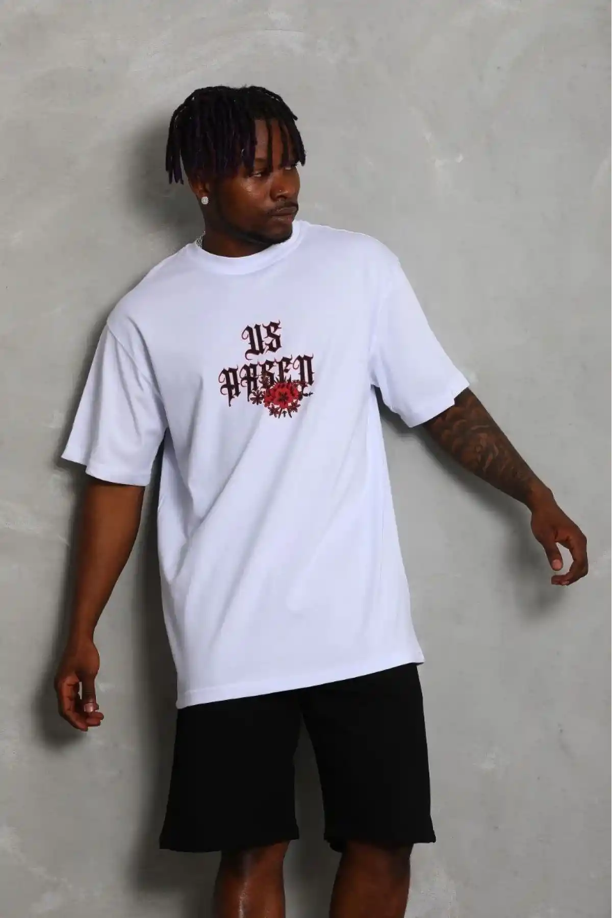 Erkek Oversize Baskılı Bisiklet Yaka T-Shirt - Beyaz