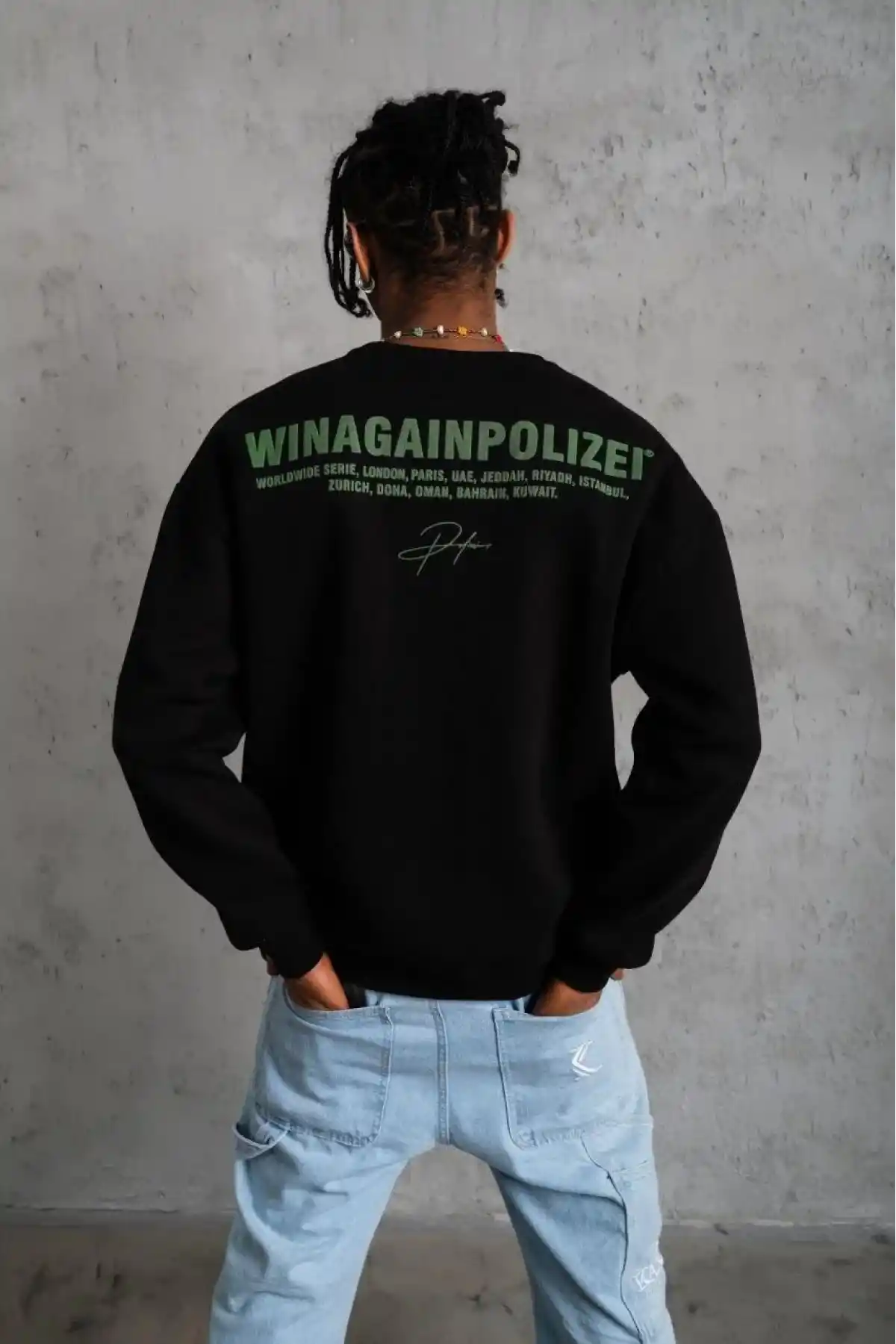 Erkek Oversize Sweatshirt – Siyah Renk | Ön ve Sırt Baskılı, Üç İplik İçi Pamuklu Kumaş, Rahat Kalıp, Ribanalı Kışlık Sweat | Winagain Polizei Serisi - Siyah