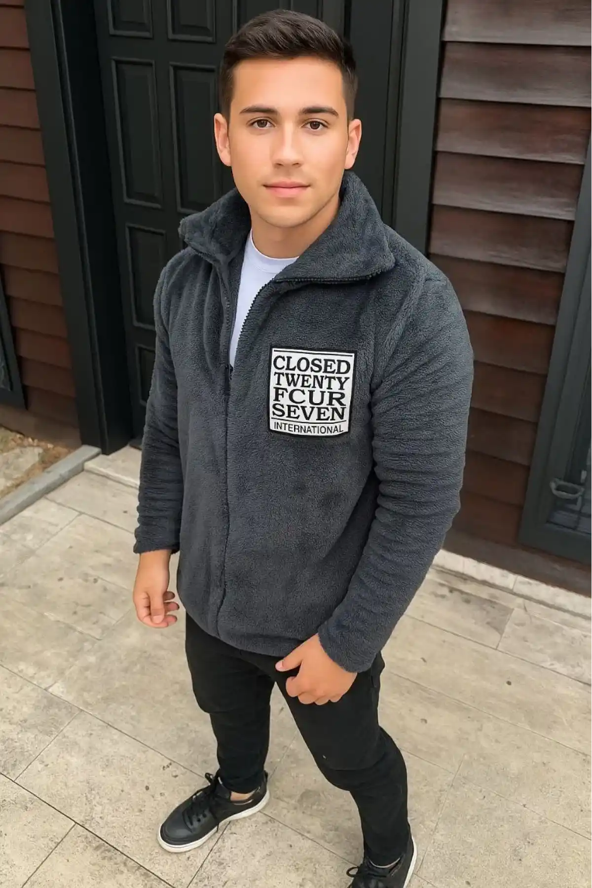 Erkek Polar Fermuarlı Sweatshirt – Kapüşonsuz, Cepli, Yumuşak Dokulu, Oversize Rahat Kalıp, Kışlık Sıcak Tutan Fermuarlı Üst - Füme