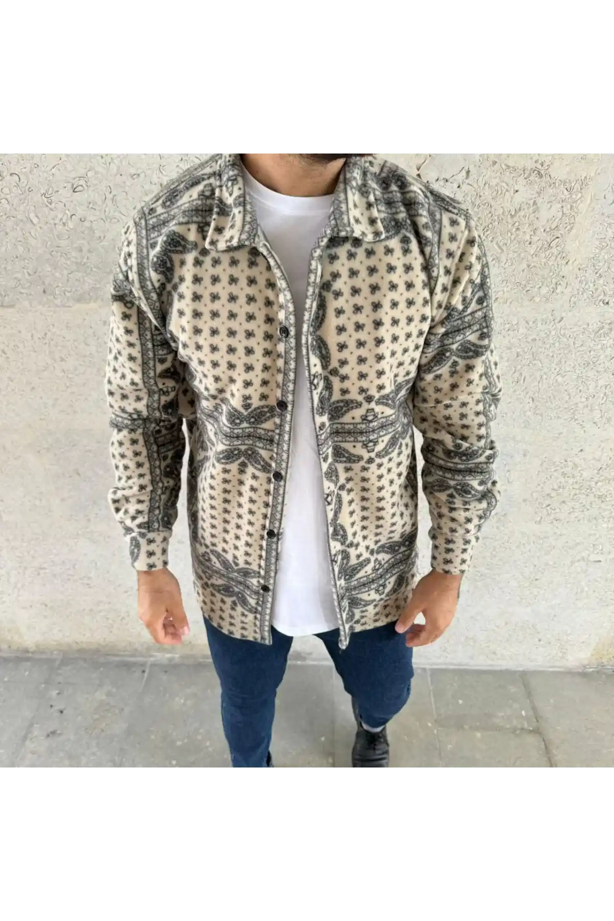 Erkek Polar Fermuarlı Sweatshirt – Kapüşonsuz, Cepli, Yumuşak Dokulu, Oversize Rahat Kalıp, Kışlık Sıcak Tutan Fermuarlı Üst - Bej