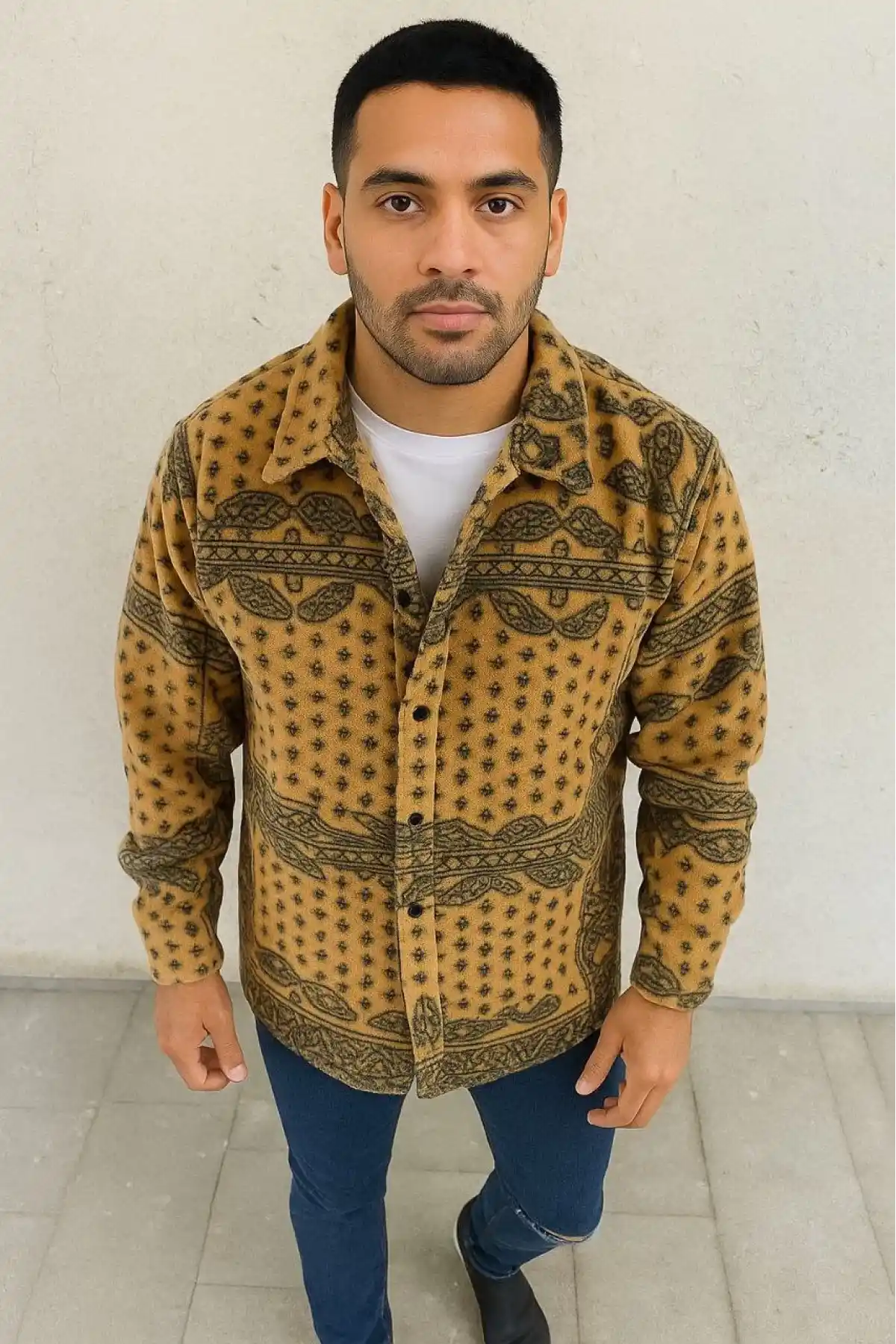 Erkek Polar Fermuarlı Sweatshirt – Kapüşonsuz, Cepli, Yumuşak Dokulu, Oversize Rahat Kalıp, Kışlık Sıcak Tutan Fermuarlı Üst - Sarı