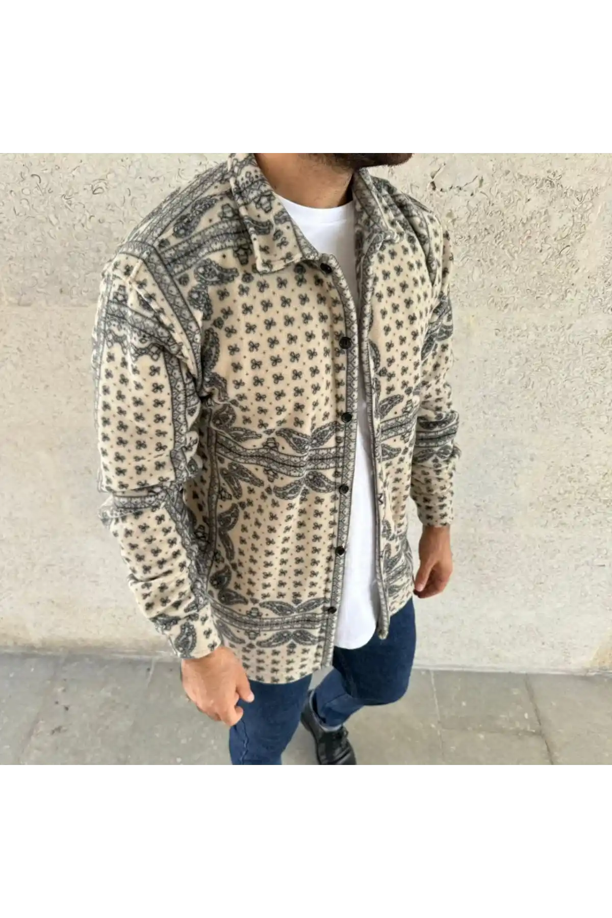 Erkek Polar Fermuarlı Sweatshirt – Kapüşonsuz, Cepli, Yumuşak Dokulu, Oversize Rahat Kalıp, Kışlık Sıcak Tutan Fermuarlı Üst - Bej