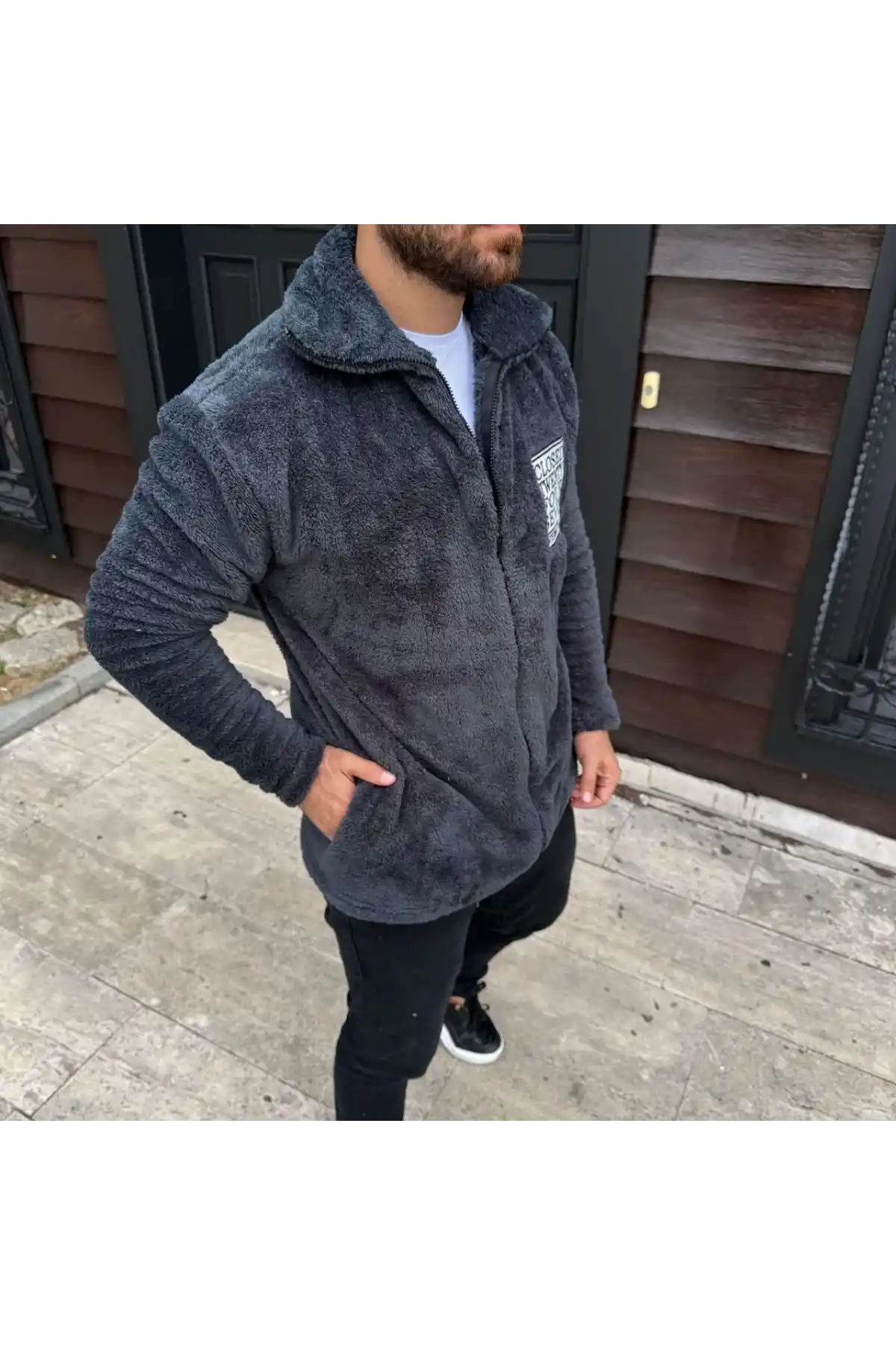 Erkek Desenli Polar Gömlek – Etnik Şerit Desen Yakalı, Uzun Kollu, Düğmeli, Oversize Rahat Kalıp - Füme