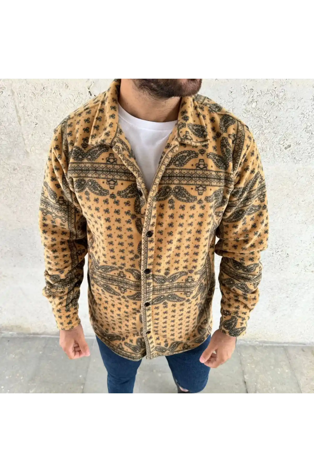 Erkek Polar Fermuarlı Sweatshirt – Kapüşonsuz, Cepli, Yumuşak Dokulu, Oversize Rahat Kalıp, Kışlık Sıcak Tutan Fermuarlı Üst - Sarı