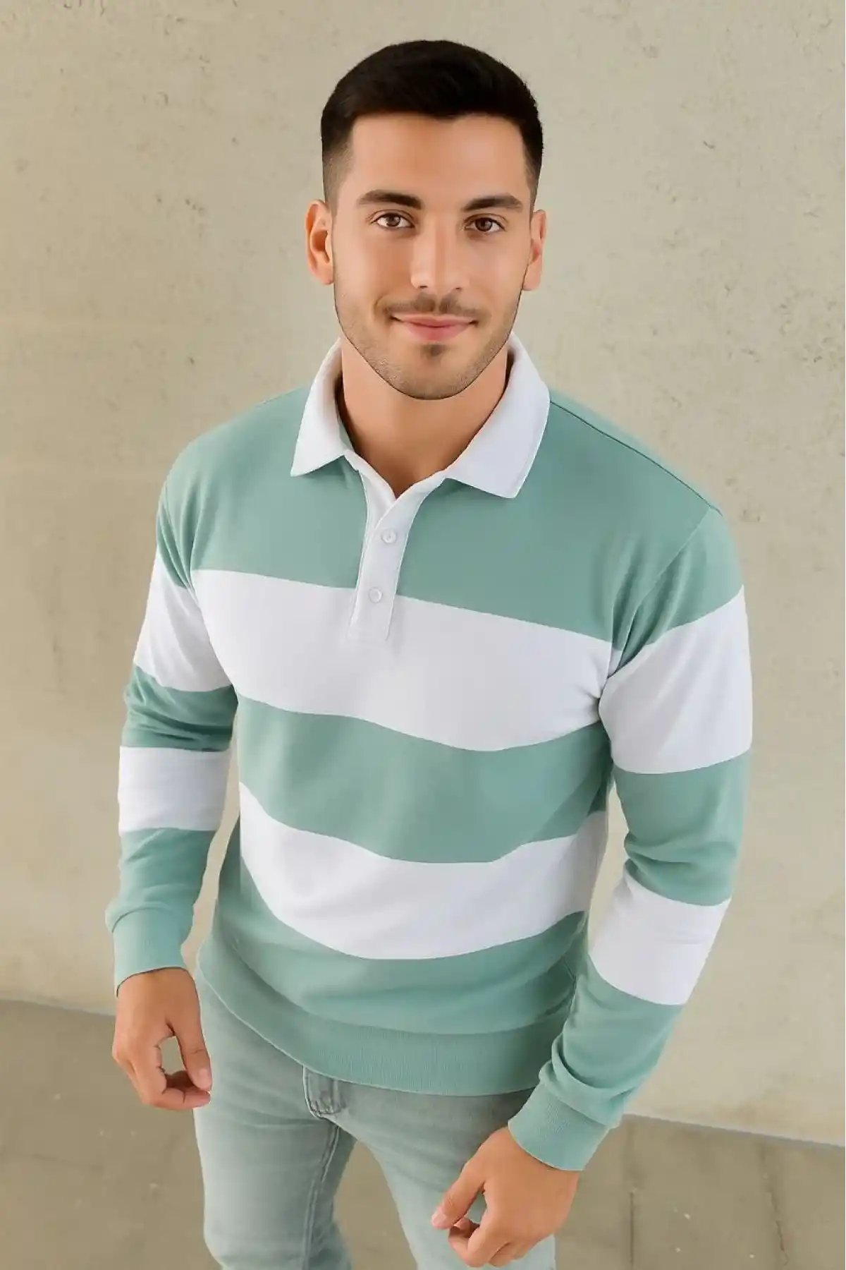 Erkek Polo Yaka Uzun Kollu Çizgili Sweatshirt Trend Rugby Stil - Çağla Yeşili