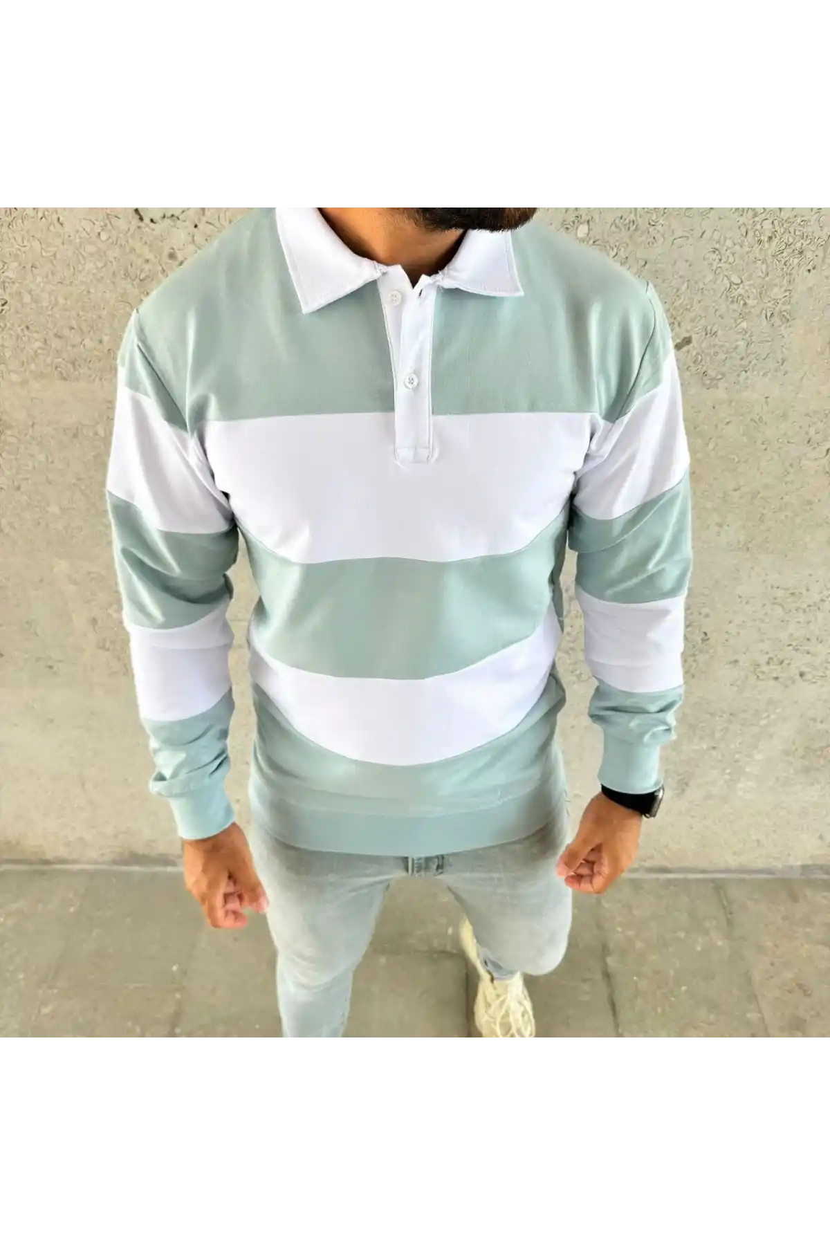Erkek Polo Yaka Uzun Kollu Çizgili Sweatshirt Trend Rugby Stil - Çağla Yeşili