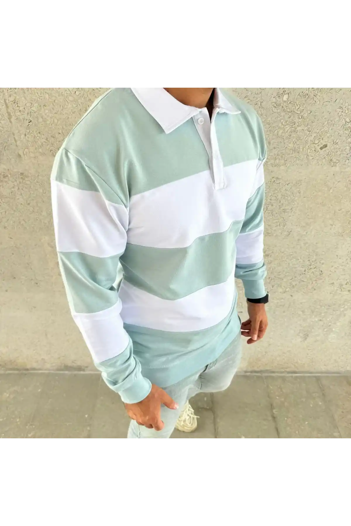 Erkek Polo Yaka Uzun Kollu Çizgili Sweatshirt Trend Rugby Stil - Çağla Yeşili