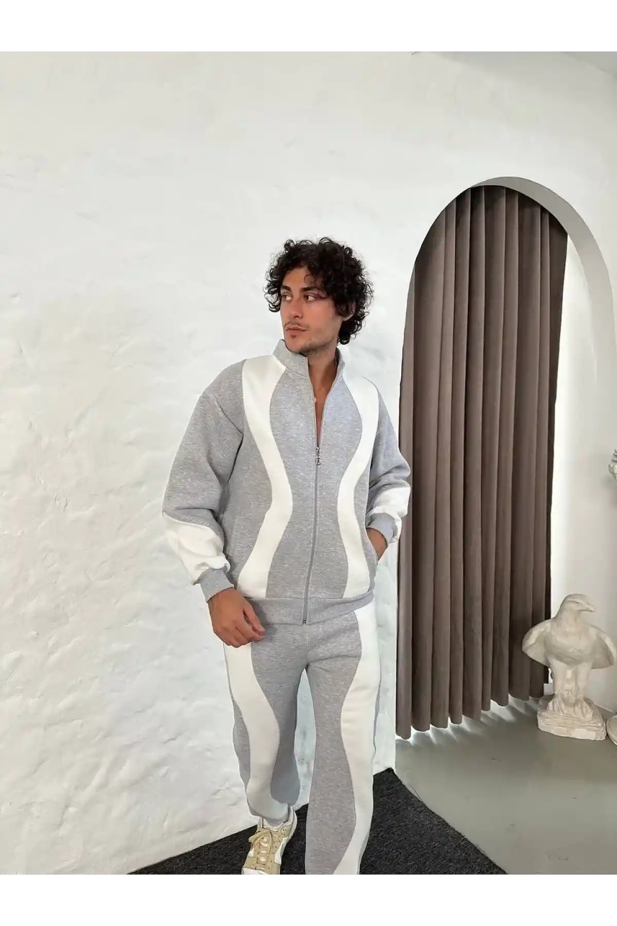 Erkek Premium Parçalı Eşofman Takım - Dik Yaka Fermuarlı Sweatshirt, - Gri