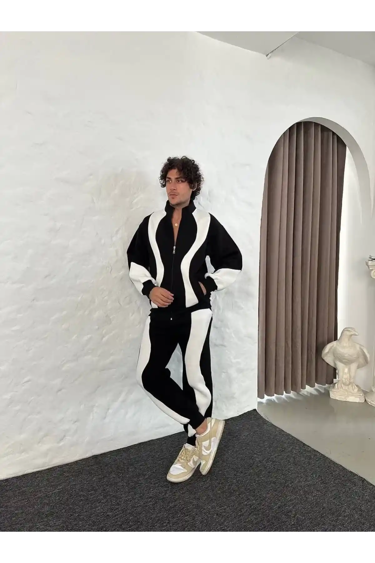 Erkek Premium Parçalı Eşofman Takım - Dik Yaka Fermuarlı Sweatshirt, - Siyah