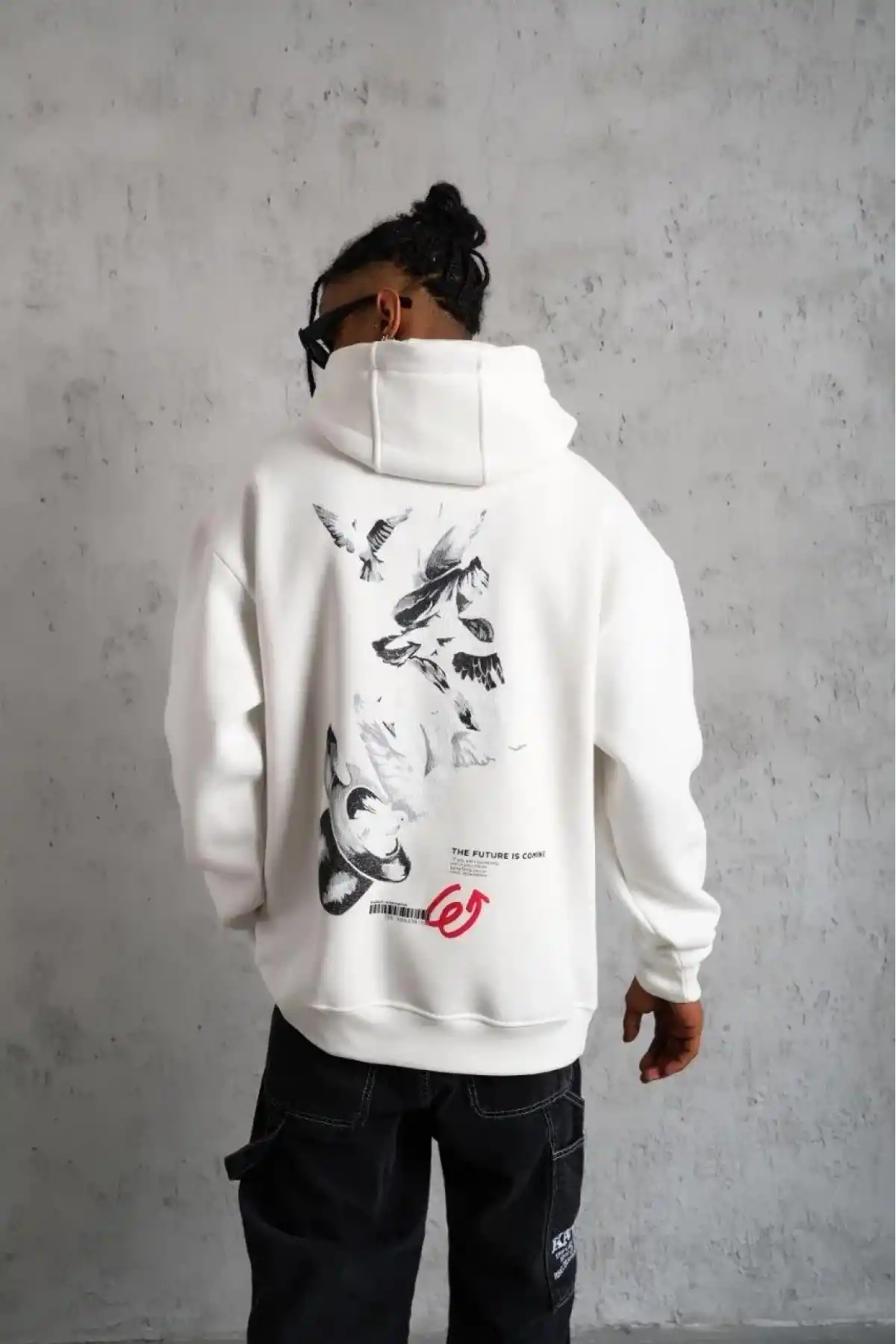 Erkek 3 İplik Pamuklu Kapüşonlu Baskılı Cepli Oversize Sweatshirt Hoodie - Beyaz