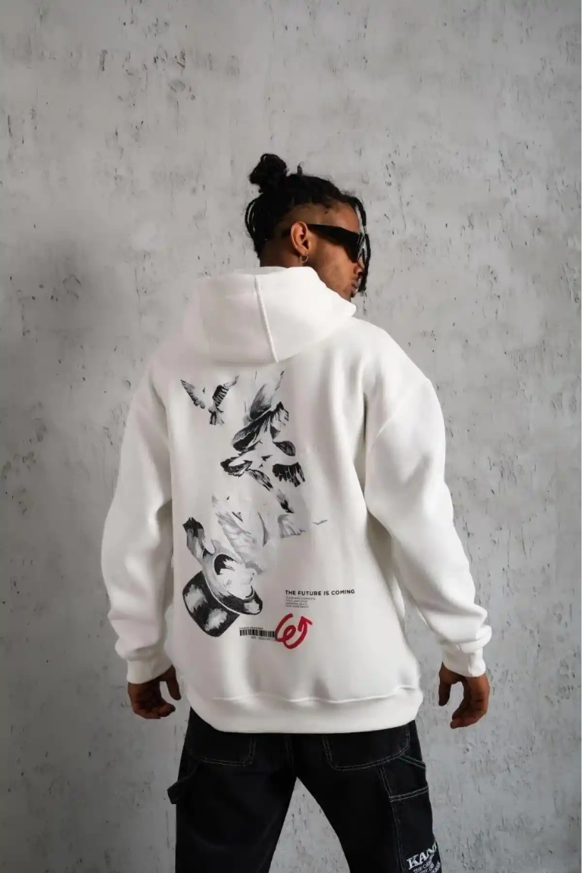 Erkek 3 İplik Pamuklu Kapüşonlu Baskılı Cepli Oversize Sweatshirt Hoodie - Beyaz