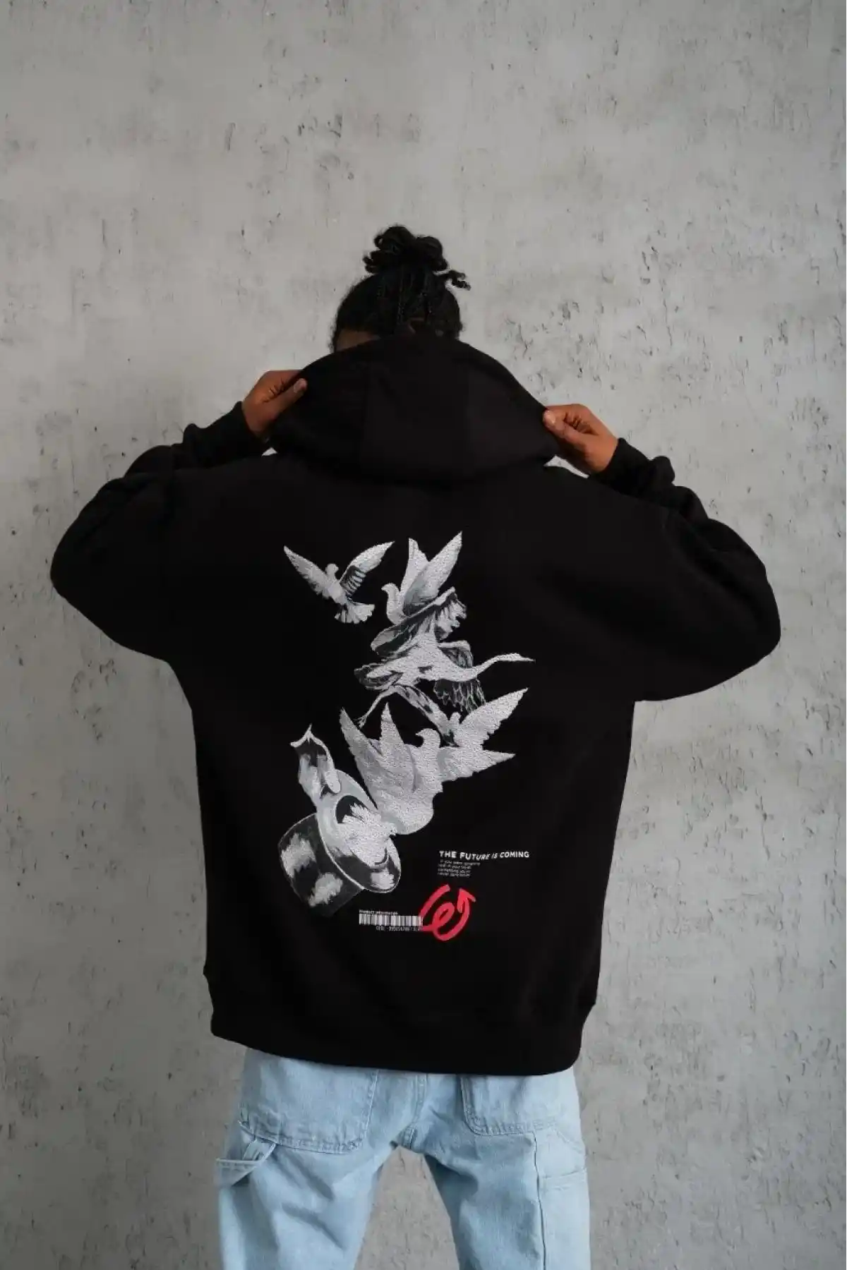 Erkek 3 İplik Pamuklu Kapüşonlu Baskılı Cepli Oversize Sweatshirt Hoodie - Siyah