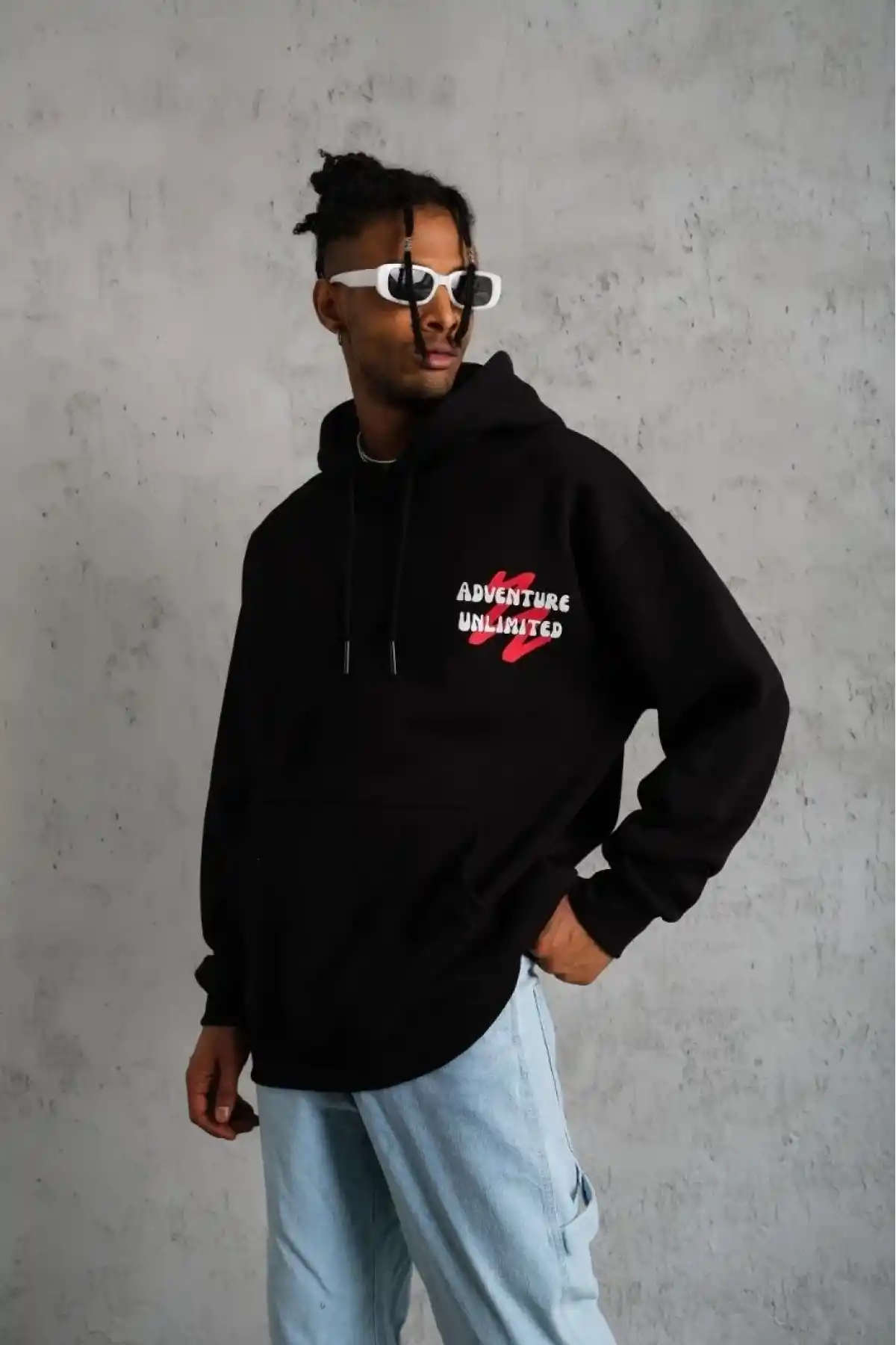 Erkek 3 İplik Pamuklu Kapüşonlu Baskılı Cepli Oversize Sweatshirt Hoodie - Siyah