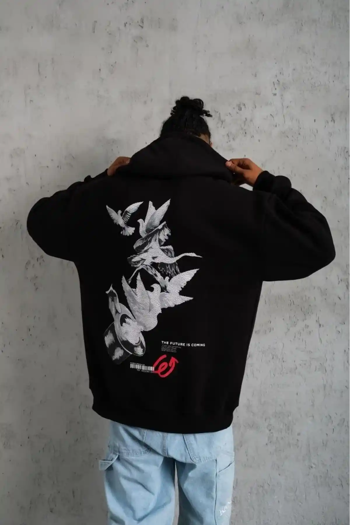 Erkek 3 İplik Pamuklu Kapüşonlu Baskılı Cepli Oversize Sweatshirt Hoodie - Siyah