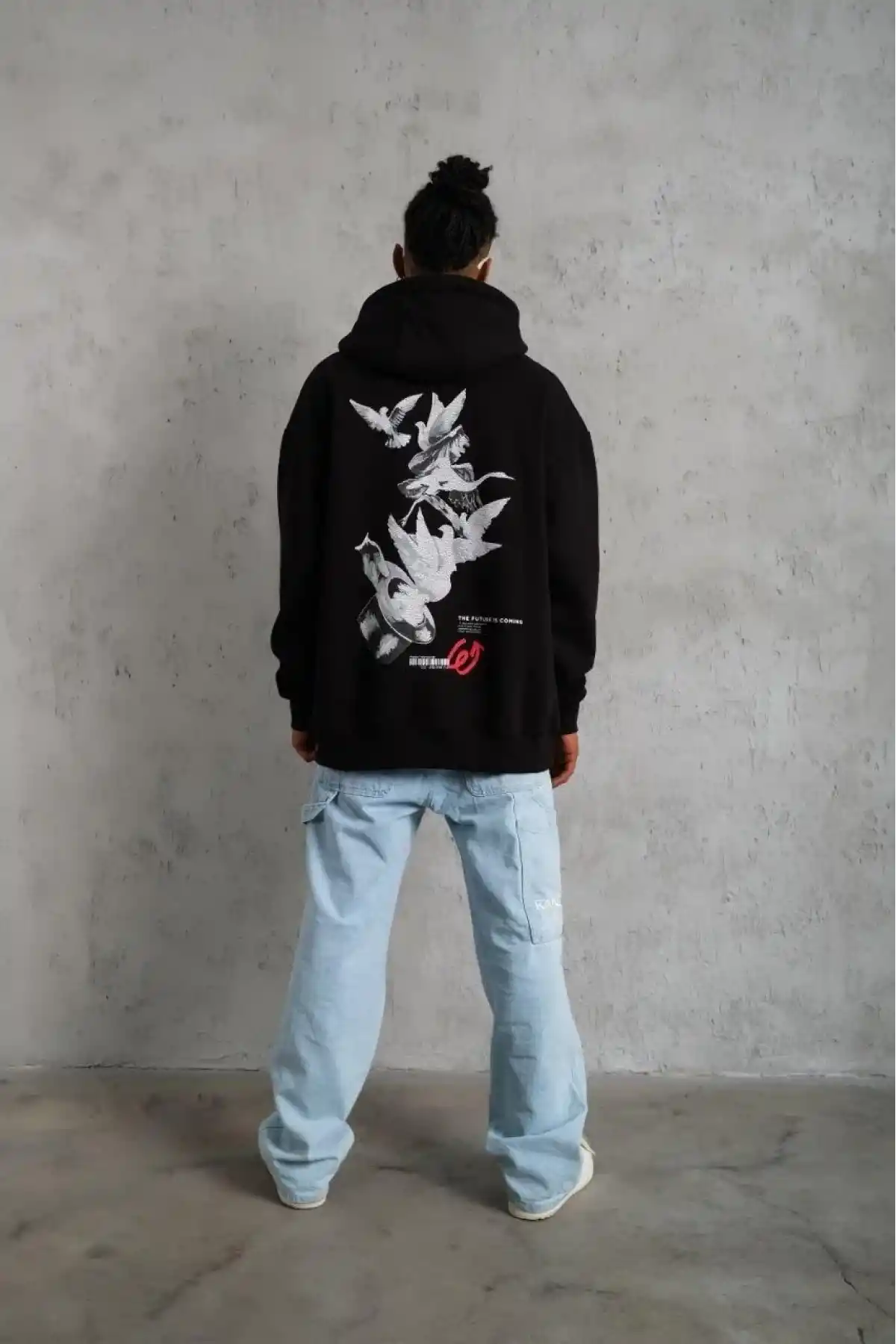 Erkek 3 İplik Pamuklu Kapüşonlu Baskılı Cepli Oversize Sweatshirt Hoodie - Siyah