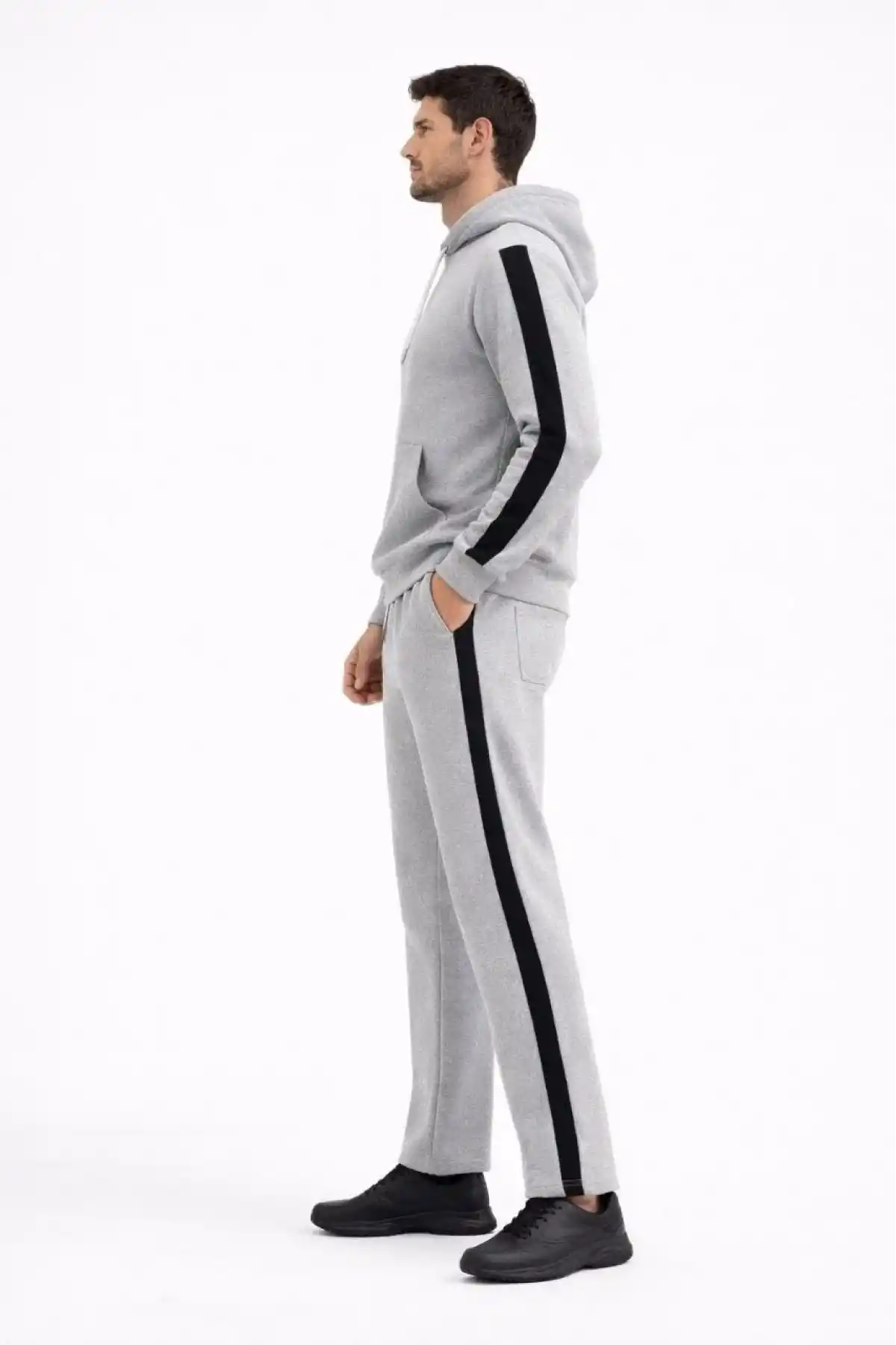 Erkek Şeritli Eşofman Takım Kapüşonlu Sweatshirt Boru Paça Alt, Oversize 3 iplik Pamuklu - Gri