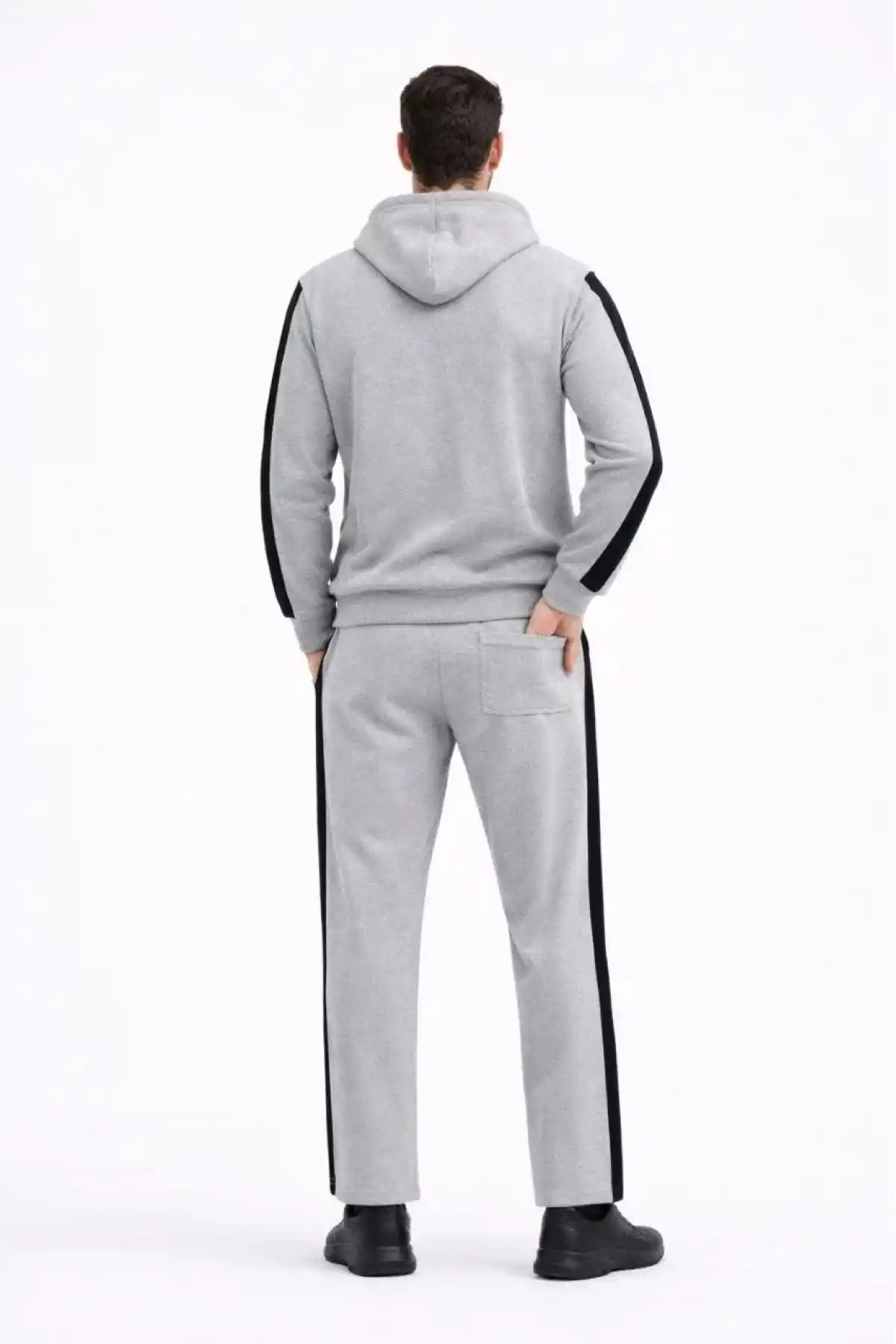 Erkek Şeritli Eşofman Takım Kapüşonlu Sweatshirt Boru Paça Alt, Oversize 3 iplik Pamuklu - Gri