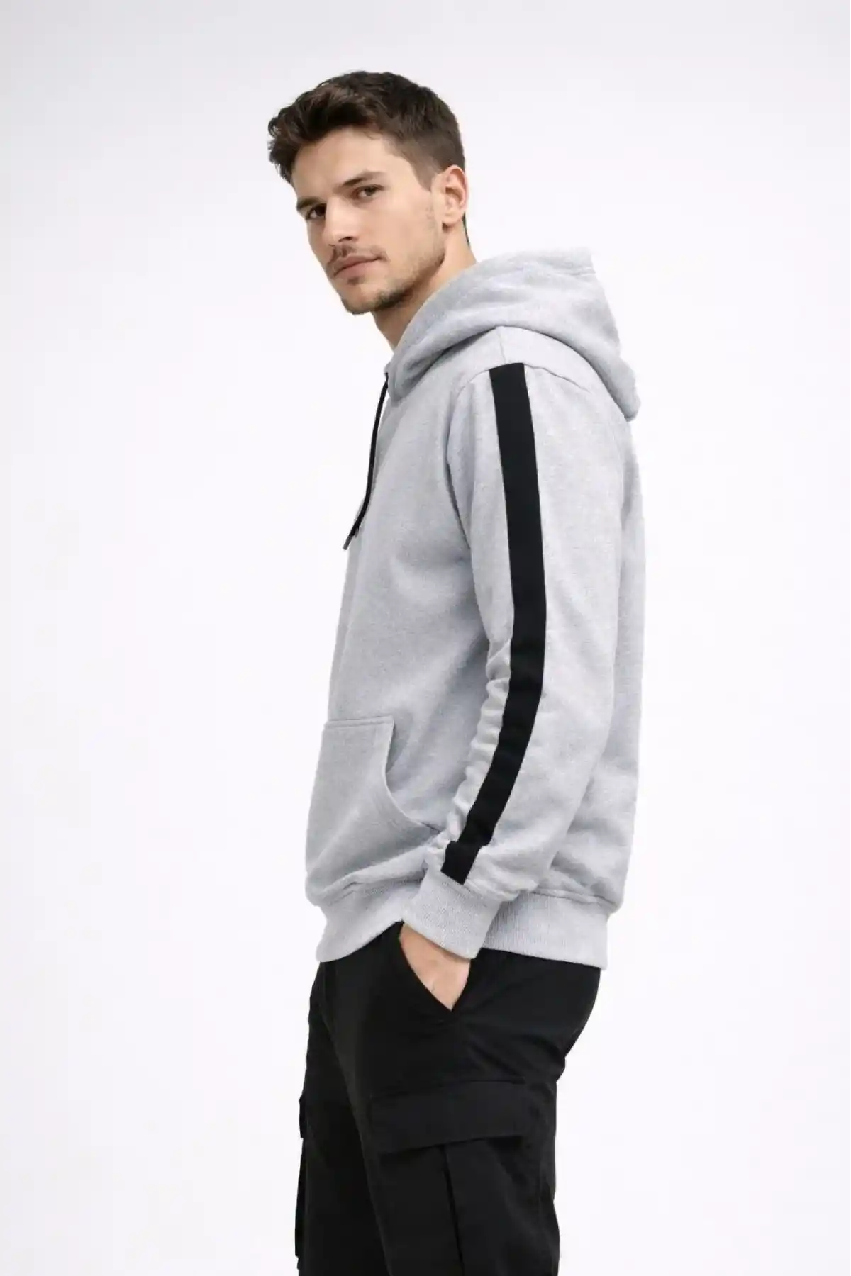 Erkek Şeritli Kapüşonlu Sweatshirt Oversize 3 iplik Pamuklu - Beyaz