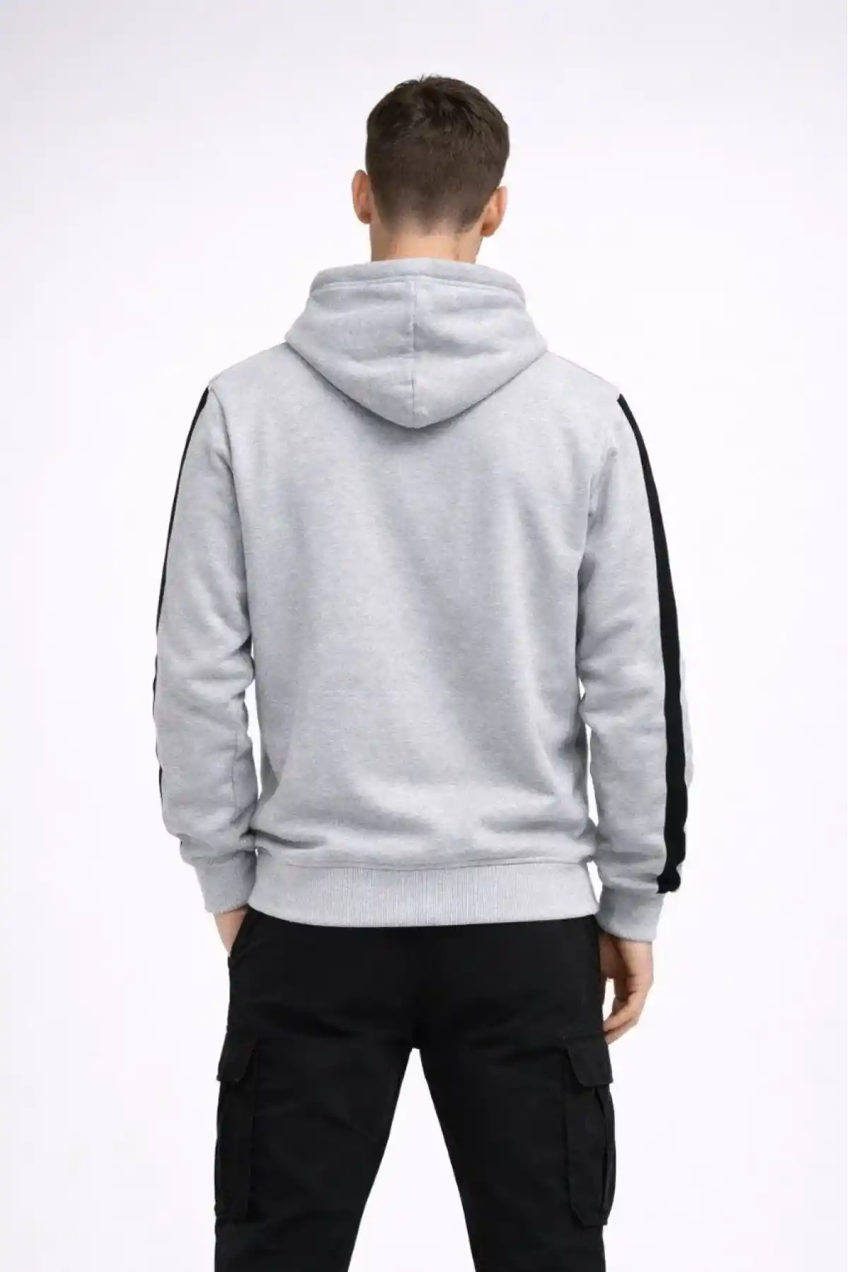 Erkek Şeritli Kapüşonlu Sweatshirt Oversize 3 iplik Pamuklu - Beyaz