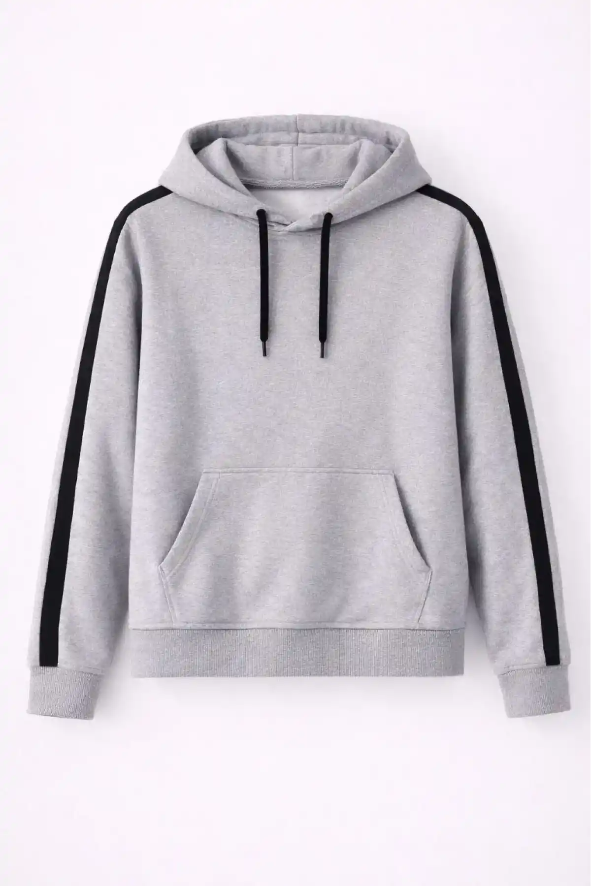 Erkek Şeritli Kapüşonlu Sweatshirt Oversize 3 iplik Pamuklu - Gri