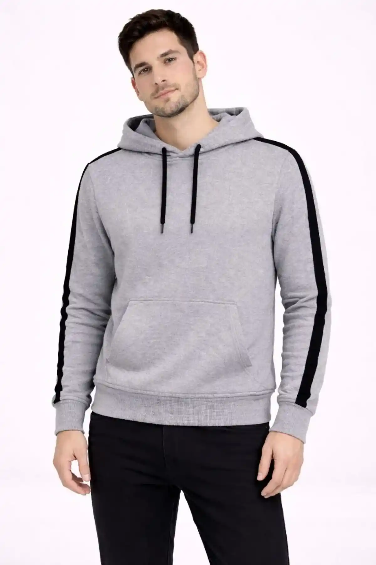 Erkek Şeritli Kapüşonlu Sweatshirt Oversize 3 iplik Pamuklu - Gri