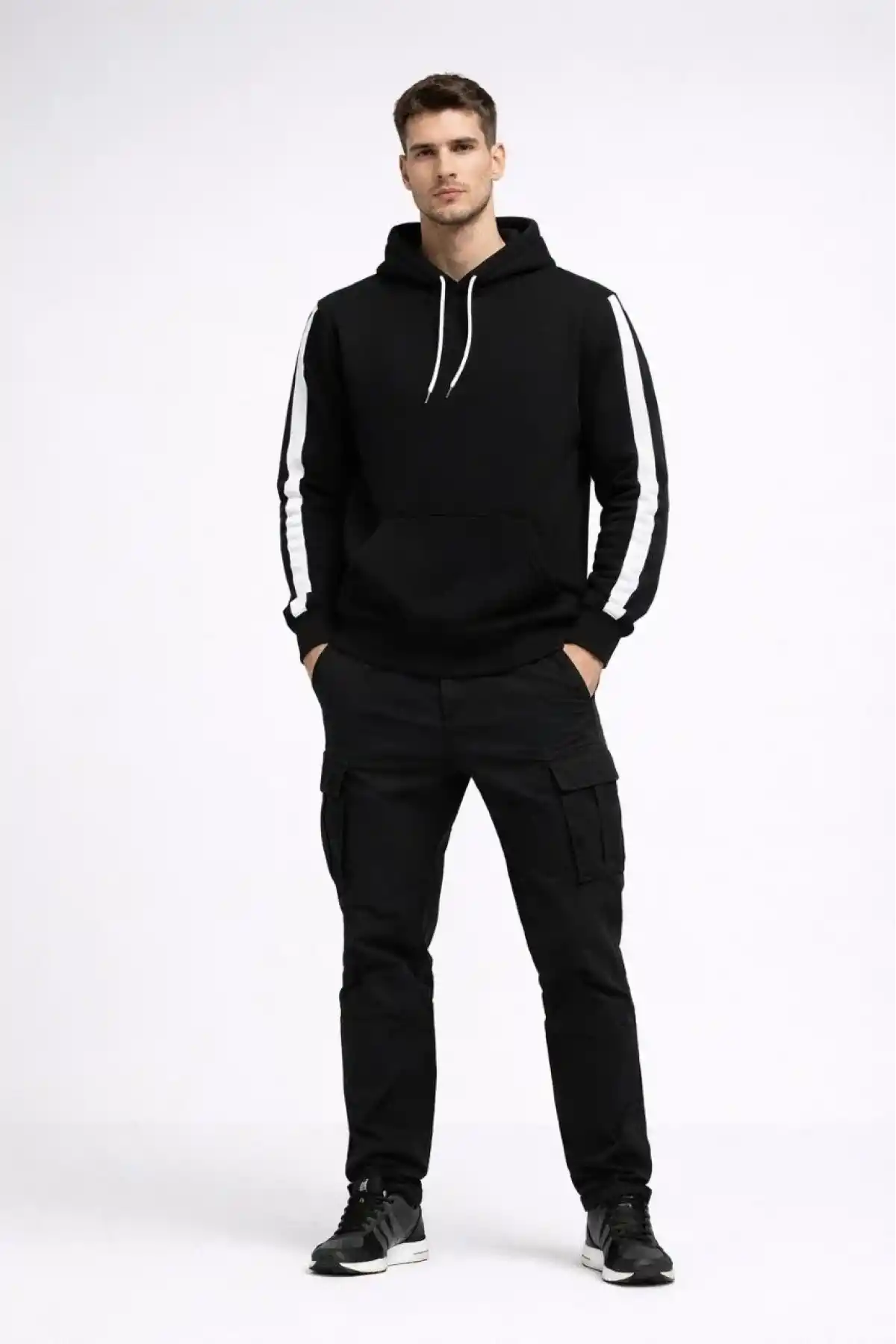 Erkek Şeritli Kapüşonlu Sweatshirt Oversize 3 iplik Pamuklu - Siyah