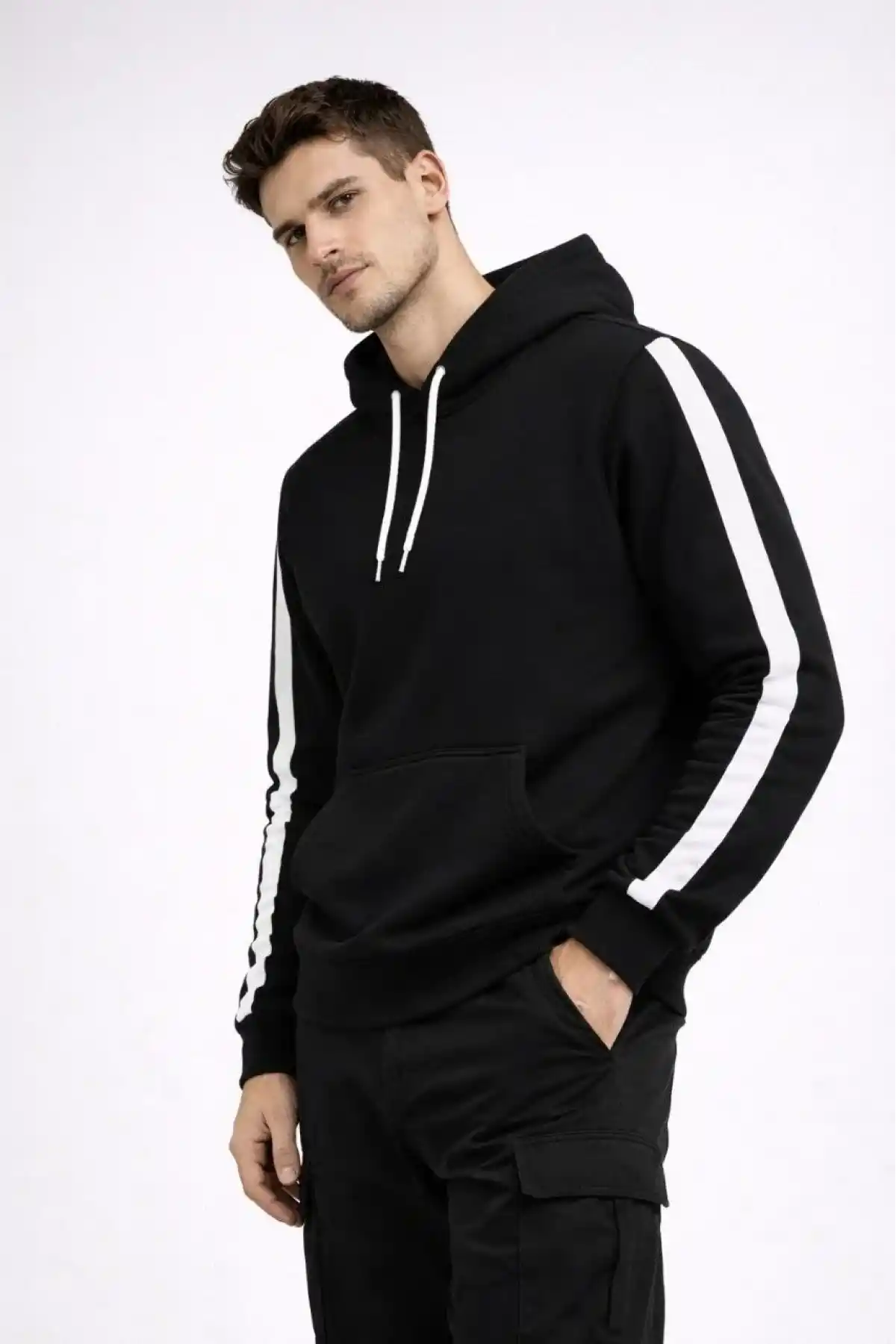 Erkek Şeritli Kapüşonlu Sweatshirt Oversize 3 iplik Pamuklu - Siyah