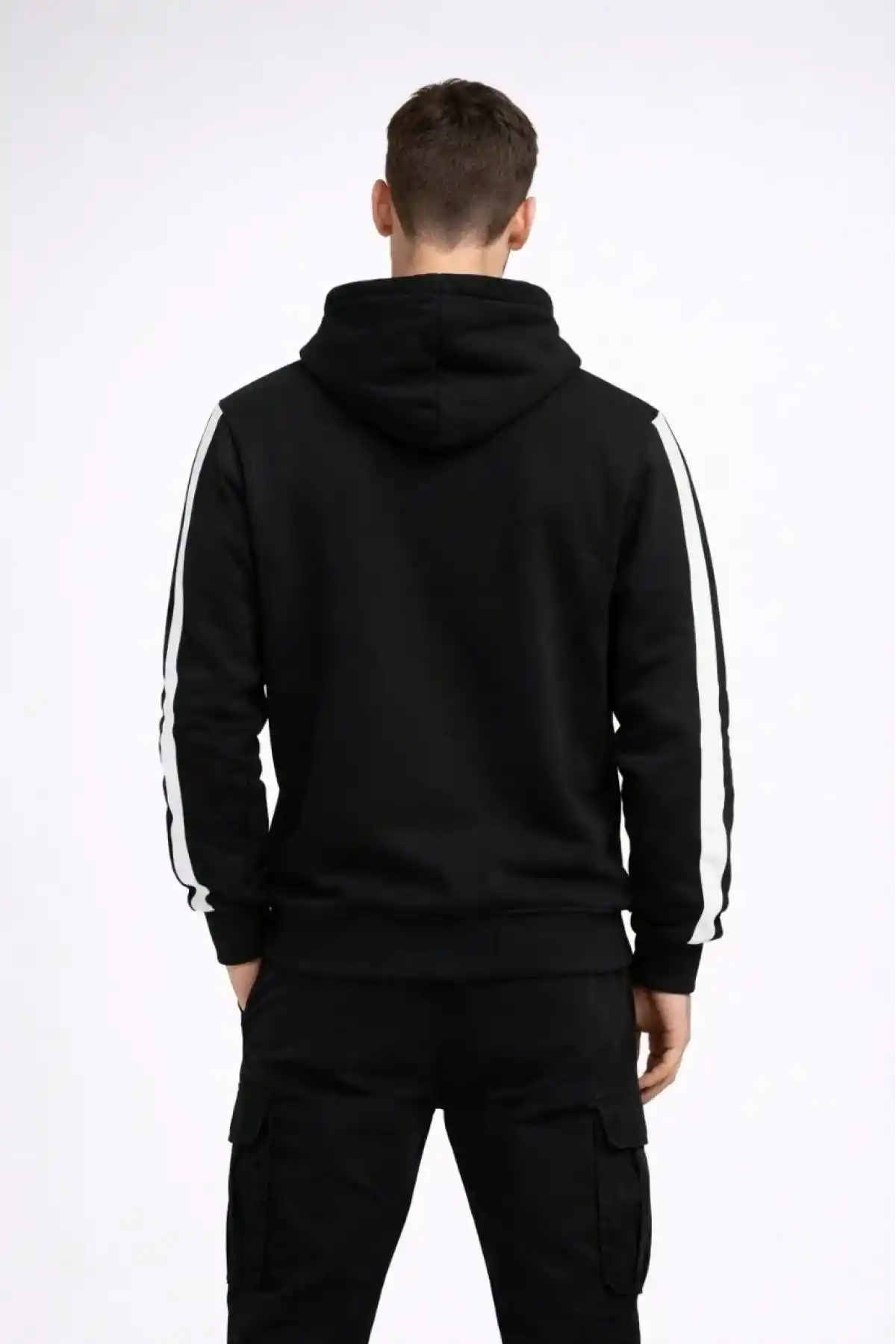 Erkek Şeritli Kapüşonlu Sweatshirt Oversize 3 iplik Pamuklu - Siyah