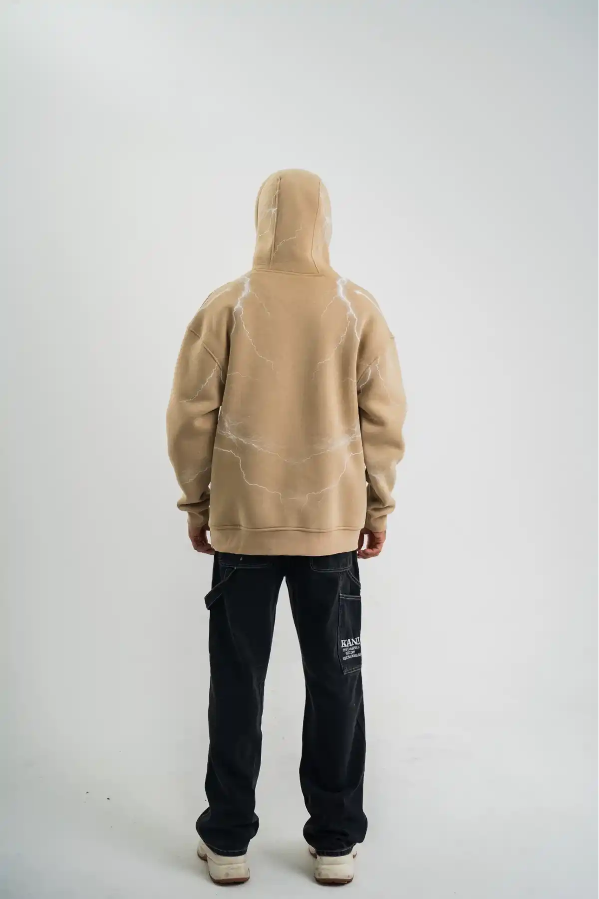 Erkek Şimşek Baskılı Kapşonlu Sweatshirt Üç İplik Pamuklu Kanguru Cepli Double Oversize Hoodie - Füme