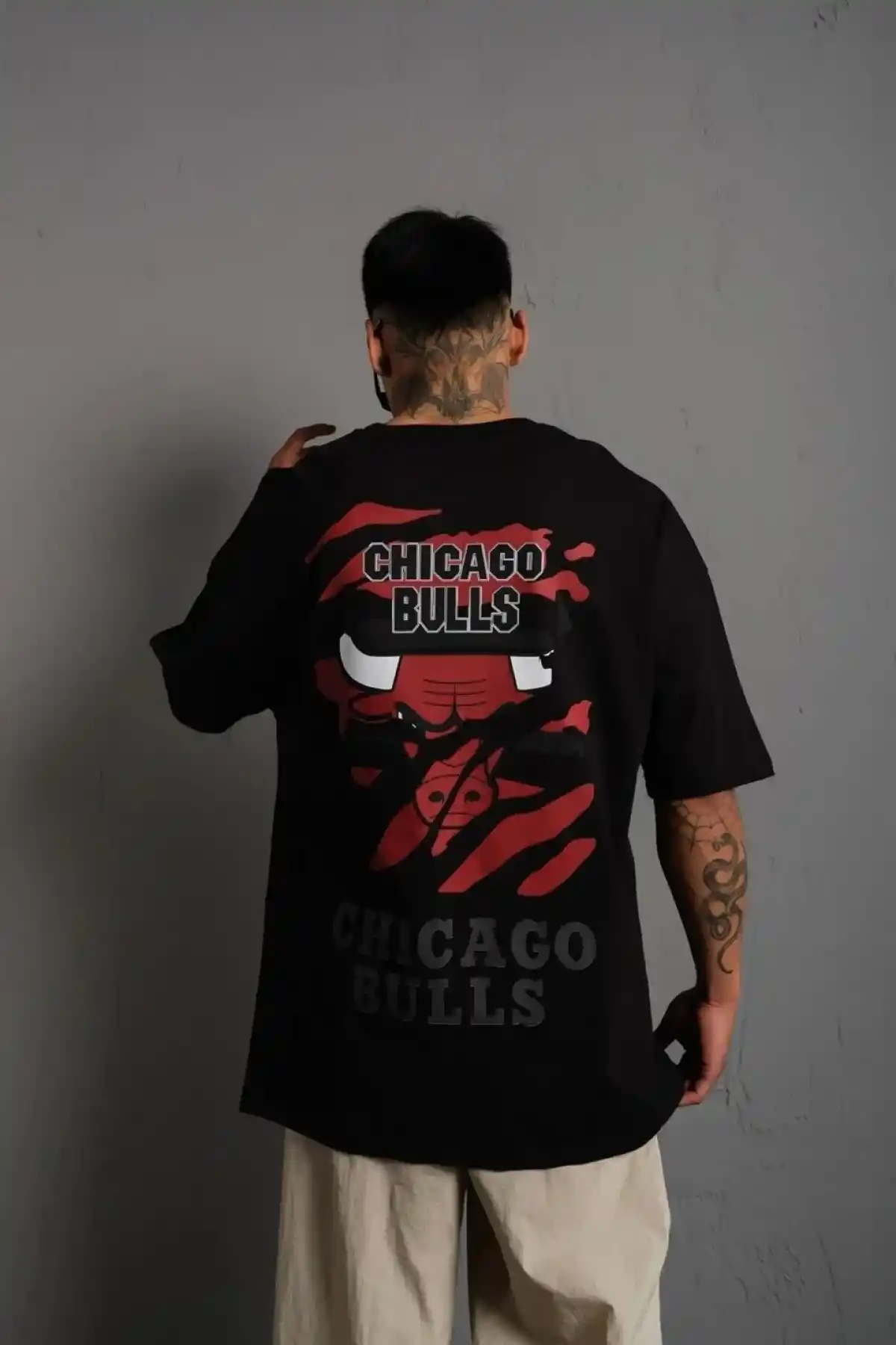 Erkek Sırt Baskılı A Kalite Oversize T-shirt - Siyah