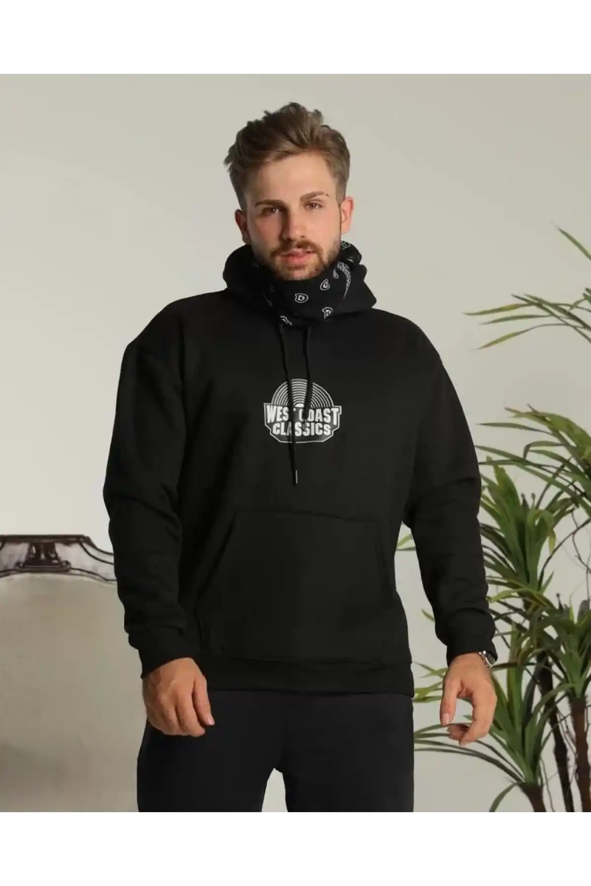 Erkek Sırt Baskılı Kapüşonlu Üç İplik Oversize Sweatshirt - Siyah