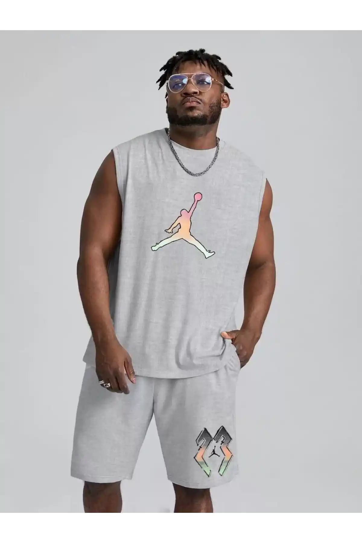 Erkek Sırt Baskılı Sıfır Kol İkili Şort Takım - Gri