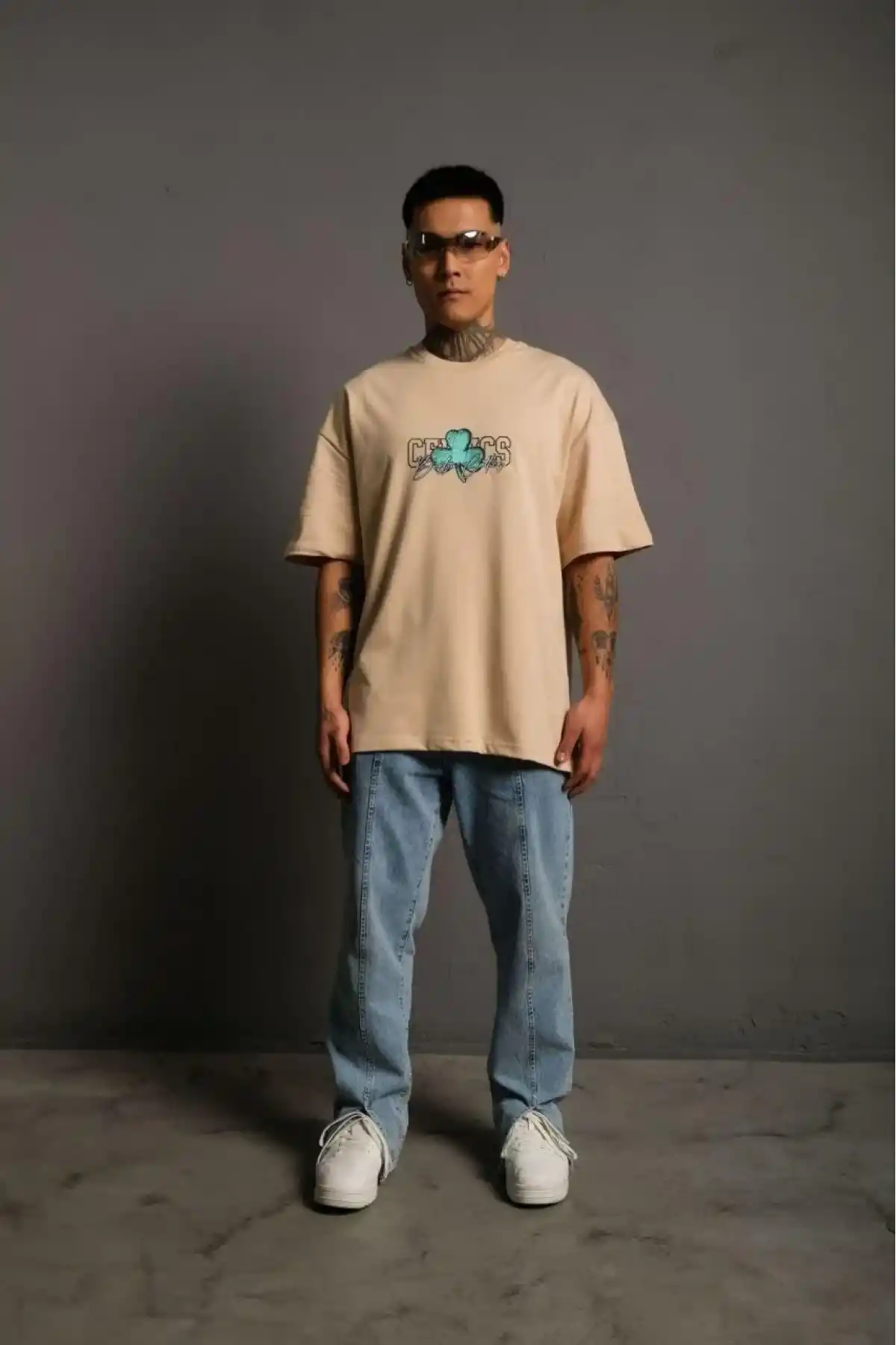 Erkek Sırt Baskılı T-shirt - Bej