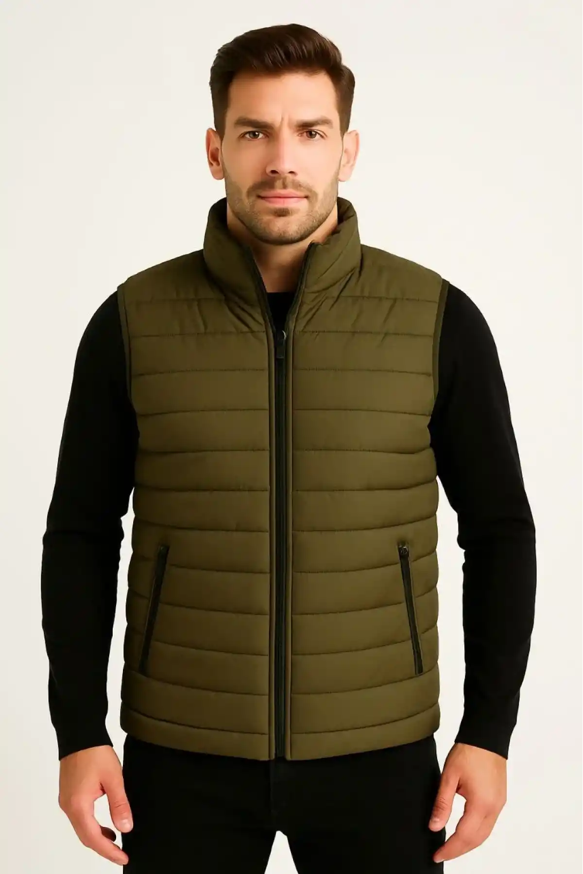 Erkek Şişme Fermuarlı Yelek Su itici Kapitone Astarlı Kumaş Cepli Hafif Kışlık Spor Rahat Kalıp - Haki
