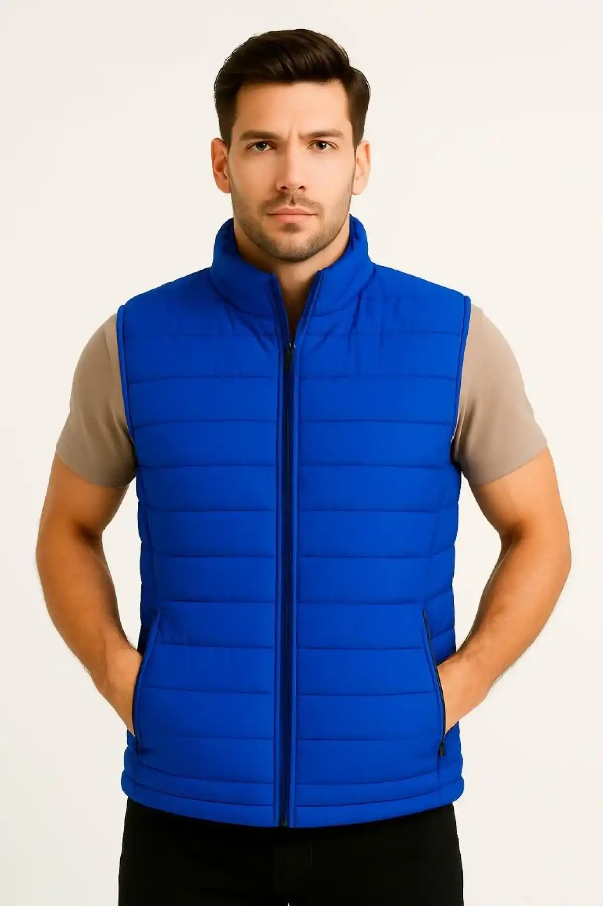 Erkek Şişme Fermuarlı Yelek Su itici Kapitone Astarlı Kumaş Cepli Hafif Kışlık Spor Rahat Kalıp - Saks Mavisi