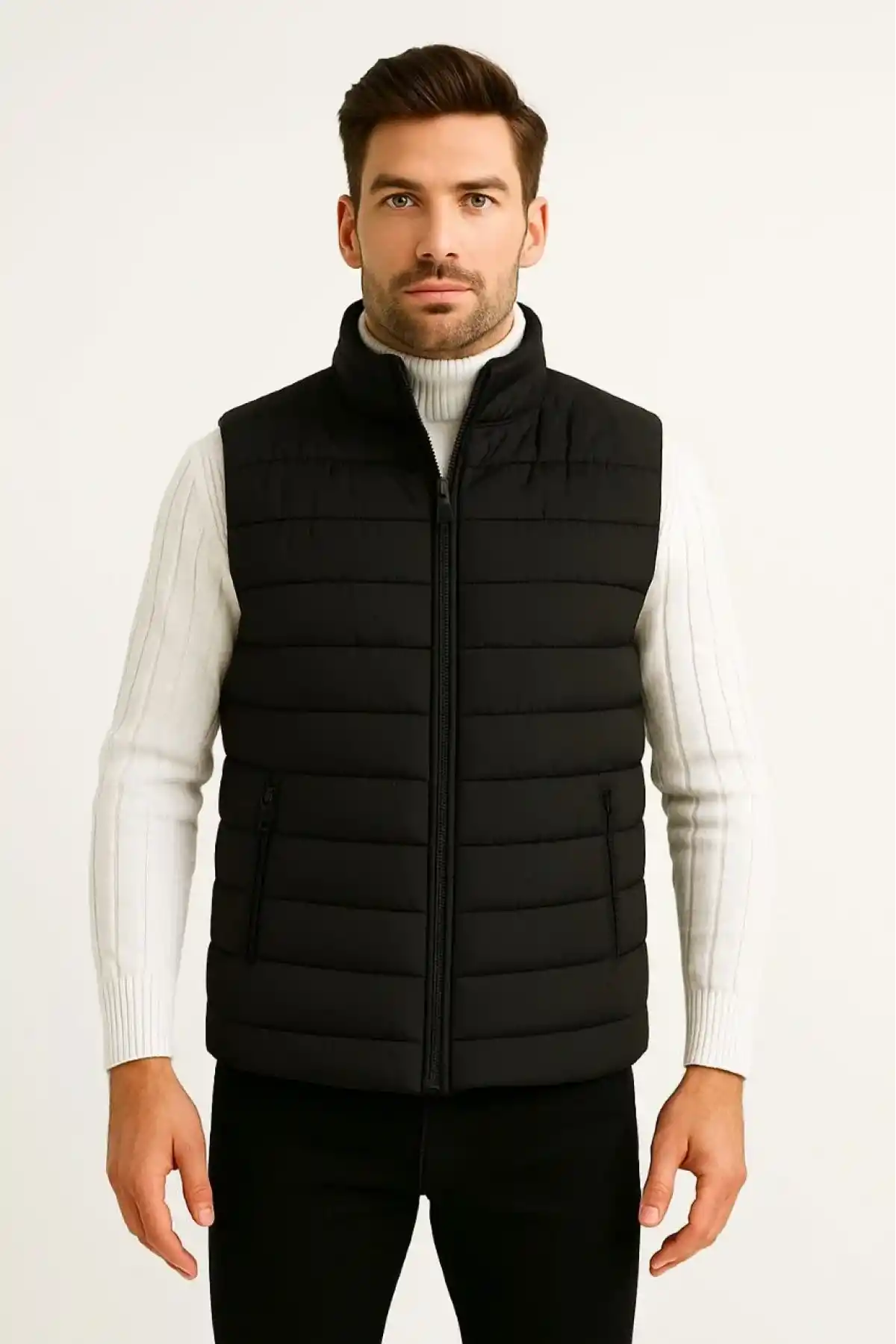 Erkek Şişme Fermuarlı Yelek Su itici Kapitone Astarlı Kumaş Cepli Hafif Kışlık Spor Rahat Kalıp - Siyah