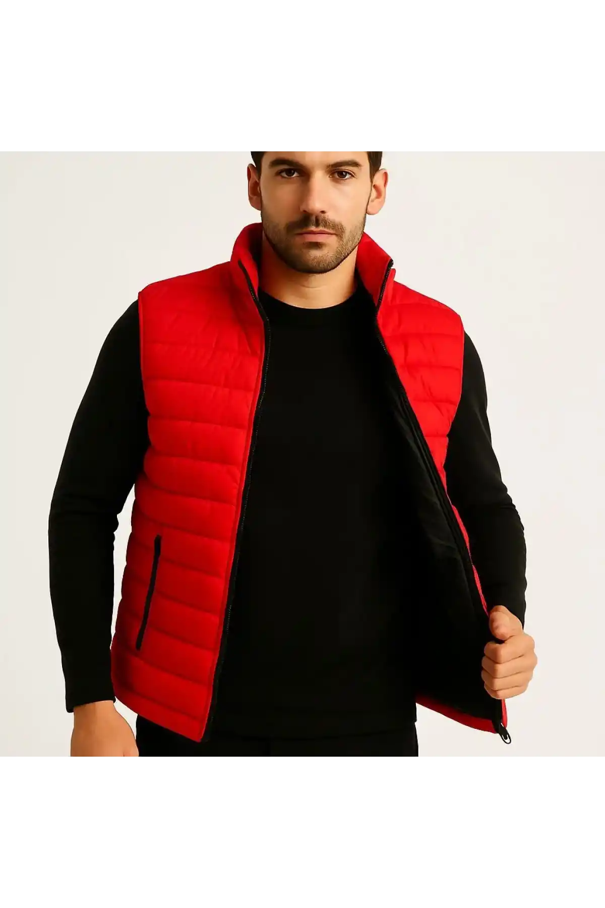 Erkek Şişme Fermuarlı Yelek Su itici Kapitone Astarlı Kumaş Cepli Hafif Kışlık Spor Rahat Kalıp - Kırmızı