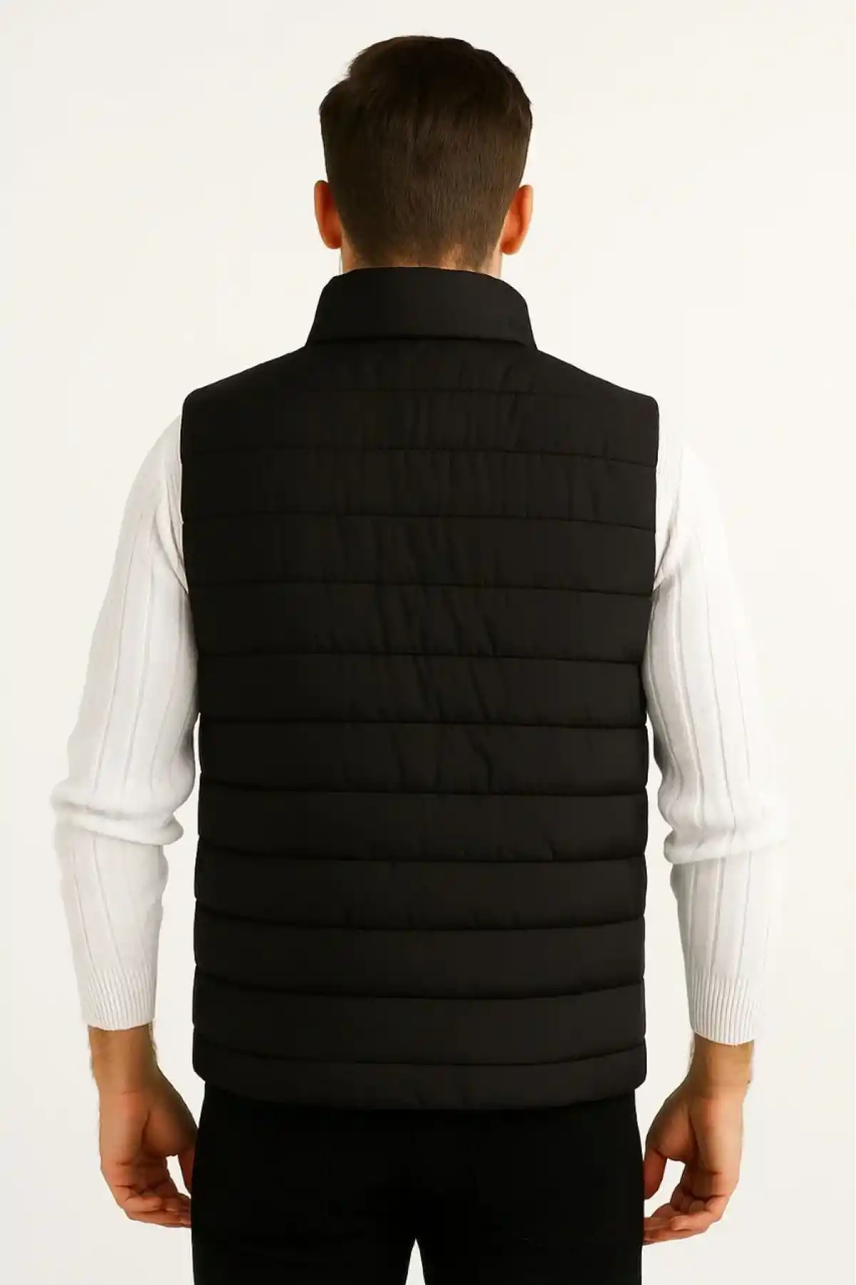 Erkek Şişme Fermuarlı Yelek Su itici Kapitone Astarlı Kumaş Cepli Hafif Kışlık Spor Rahat Kalıp - Siyah