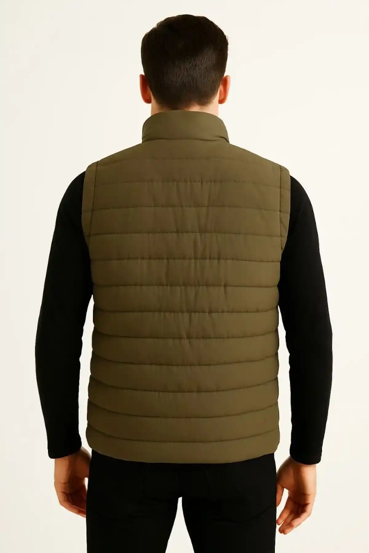 Erkek Şişme Fermuarlı Yelek Su itici Kapitone Astarlı Kumaş Cepli Hafif Kışlık Spor Rahat Kalıp - Haki