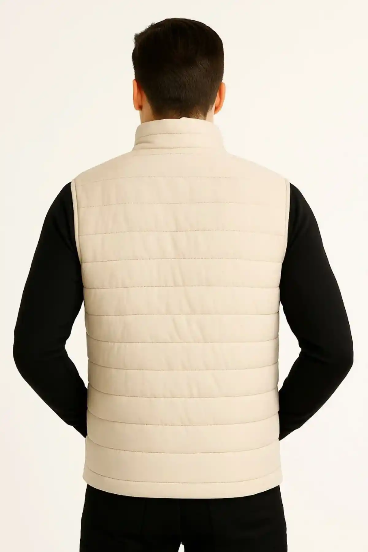 Erkek Şişme Fermuarlı Yelek Su itici Kapitone Astarlı Kumaş Cepli Hafif Kışlık Spor Rahat Kalıp -Bej