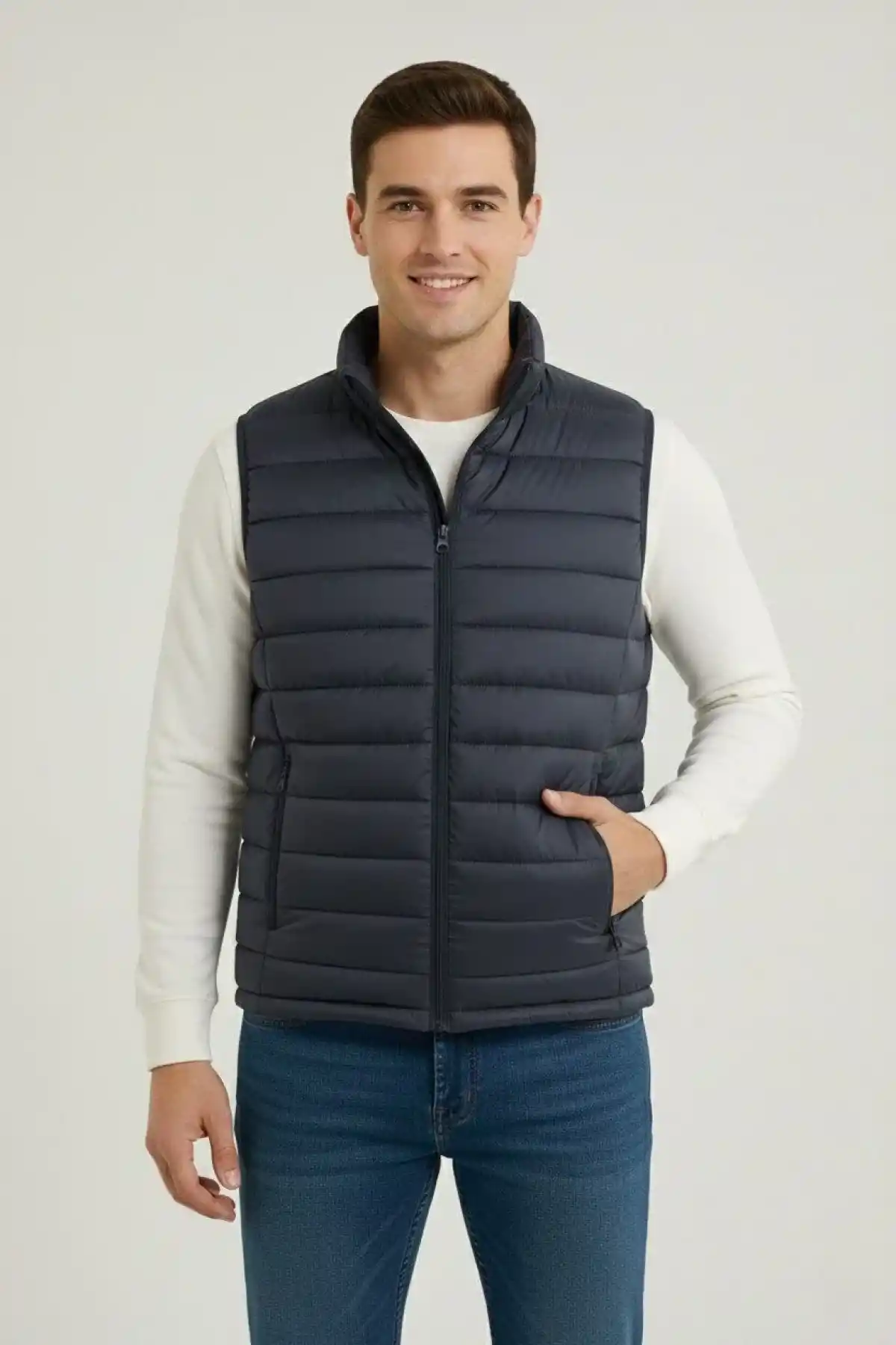 Erkek Şişme Fermuarlı Yelek Su itici Kapitone Astarlı Kumaş Cepli Hafif Kışlık Spor Rahat Kalıp - Lacivert