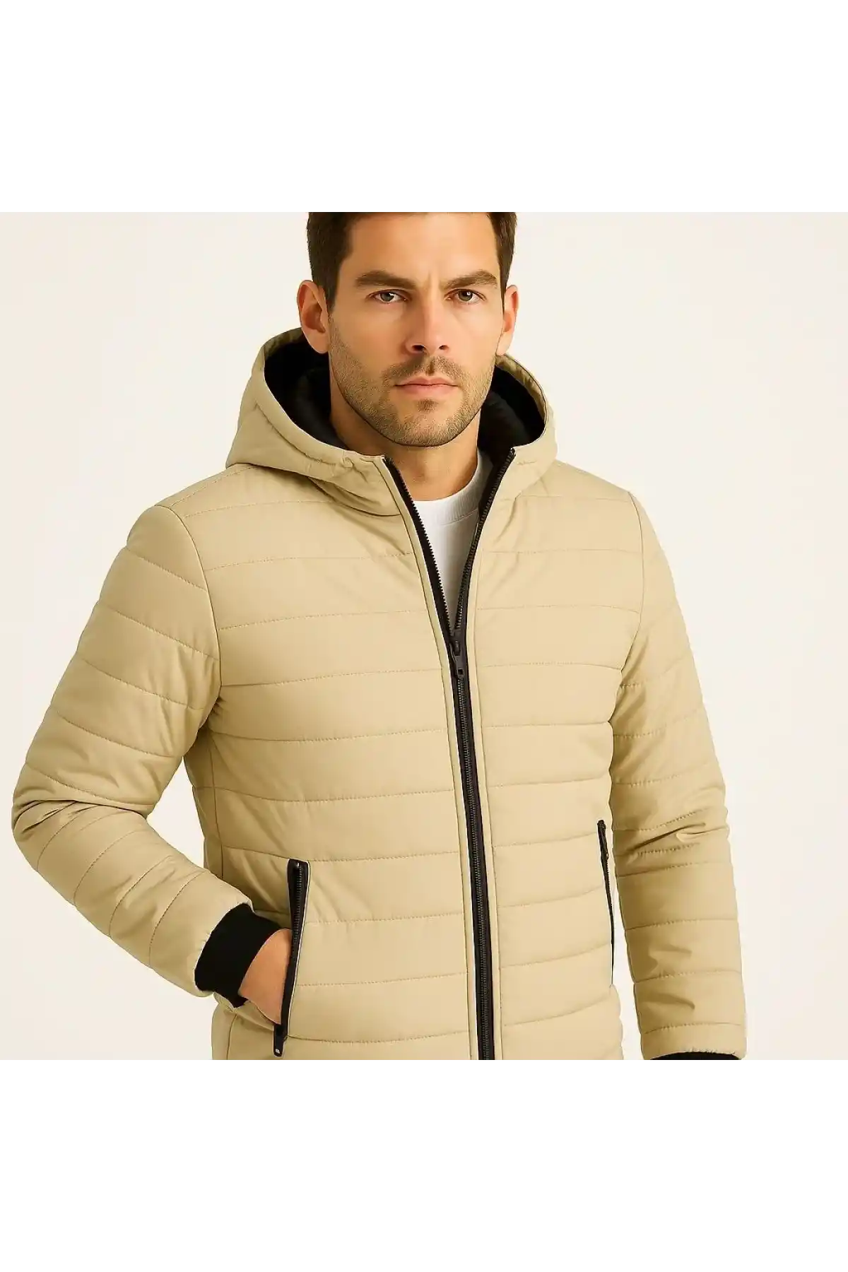 Erkek Şişme Kapüşonlu Fermuarlı Mont Su itici Kapitone Astarlı Kumaş Cepli Kışlık Rahat Kalıp - Bej