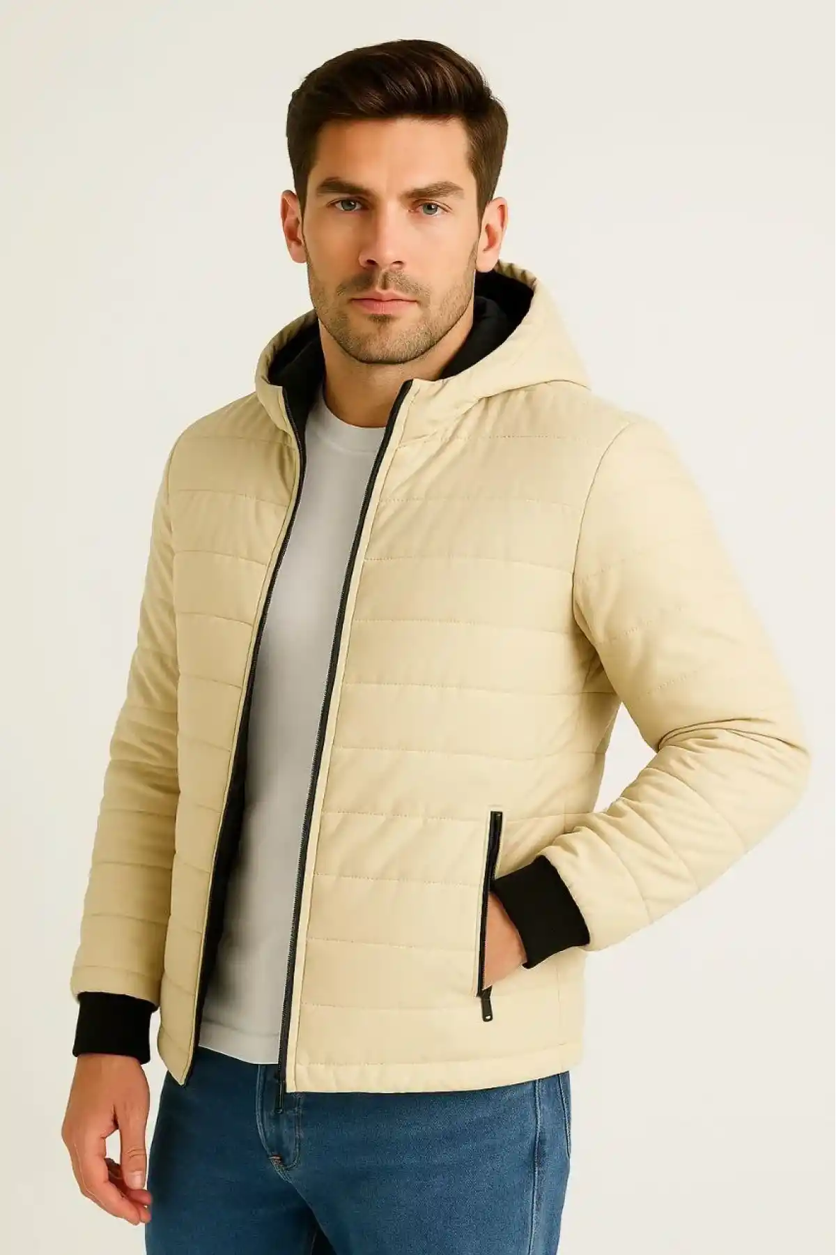 Erkek Şişme Kapüşonlu Fermuarlı Mont Su itici Kapitone Astarlı Kumaş Cepli Kışlık Rahat Kalıp - Bej