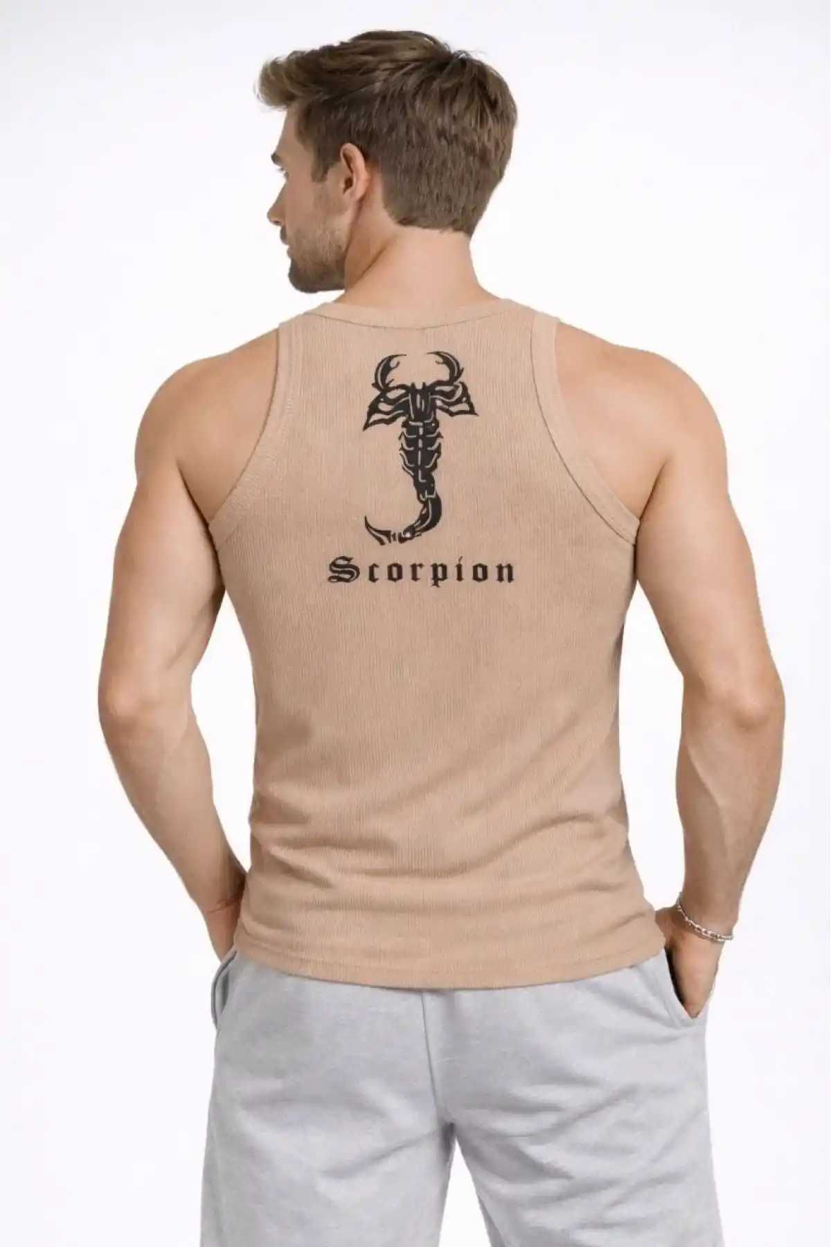 Erkek Spor Fitilli Atlet 2li Set Kahverengi Bebek Mavisi Slim Fit Kaşkorse Arka Baskılı