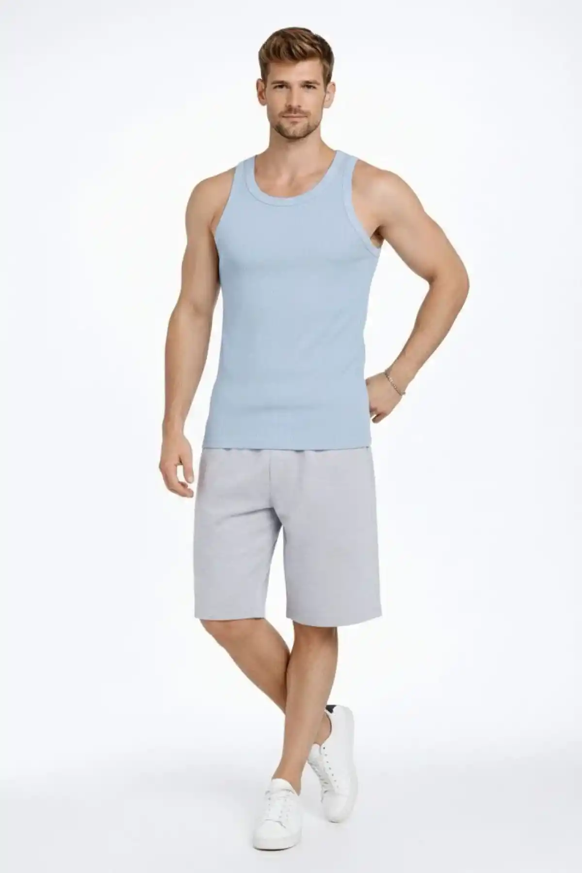 Erkek Spor Fitilli Atlet 2li Set Kahverengi Bebek Mavisi Slim Fit Kaşkorse Arka Baskılı